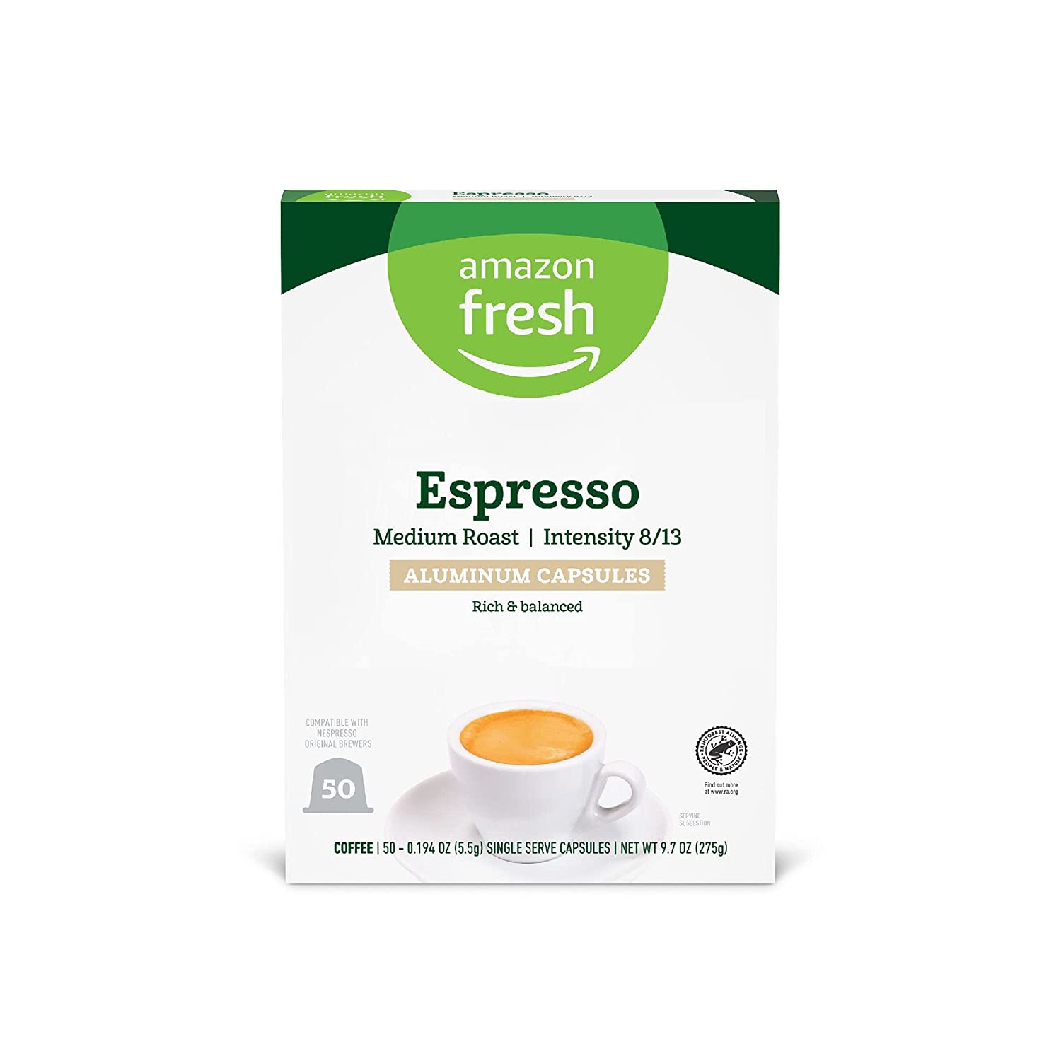 Amazon Fresh Espresso Medium Roast Aluminum Capsules， Compatible with Nespresso Original Brewers， Intensity 8/13， 50 Count (5 Packs of 10)