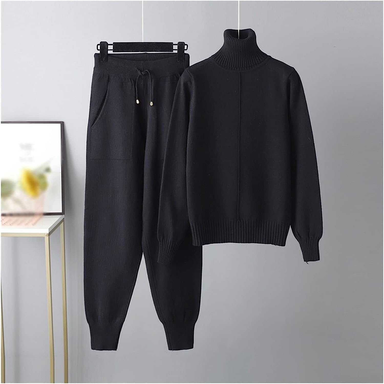 Walnut Two Pieces Cashmere Wool Suits Female Turtleneck Warm Knit Tops and Casual Pants Sets (Color : Gray, Size : 1)