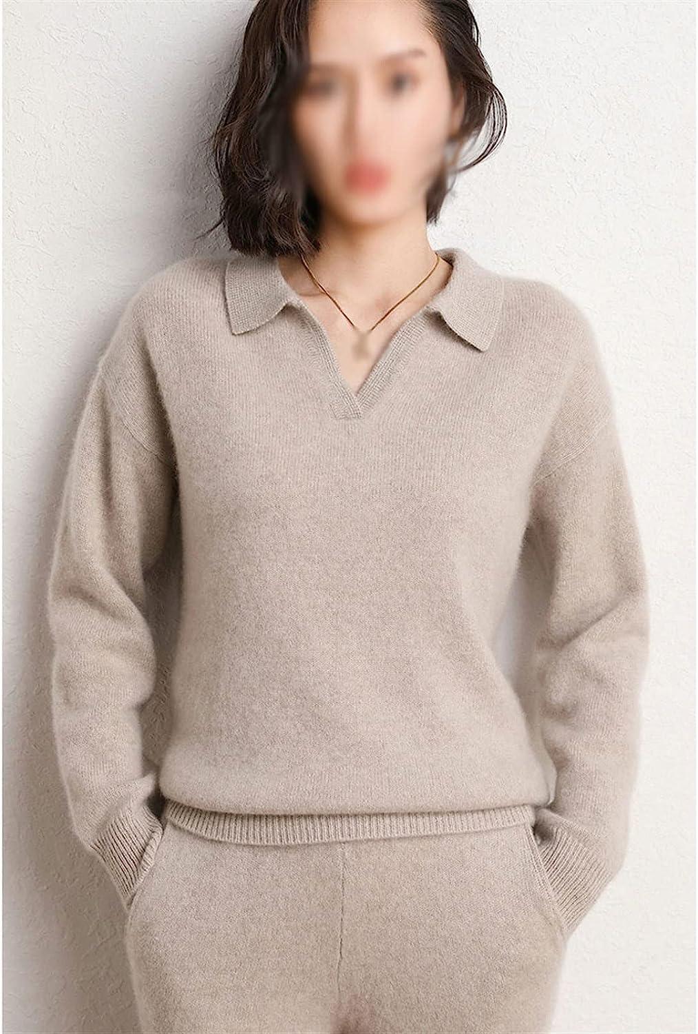 Walnut Cashmere Sweater Women Polo V Neck Set Knitting Loose Casual Wide Leg Pants Thickened Sweater Two-Piece Set (Color : D, Size : XL Code)