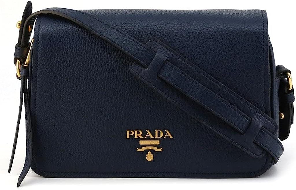 Prada Womens Vitello Phenix Shoulder Flap Navy Blue Leather Crossbody Bag 1BD163 (Navy Blue)
