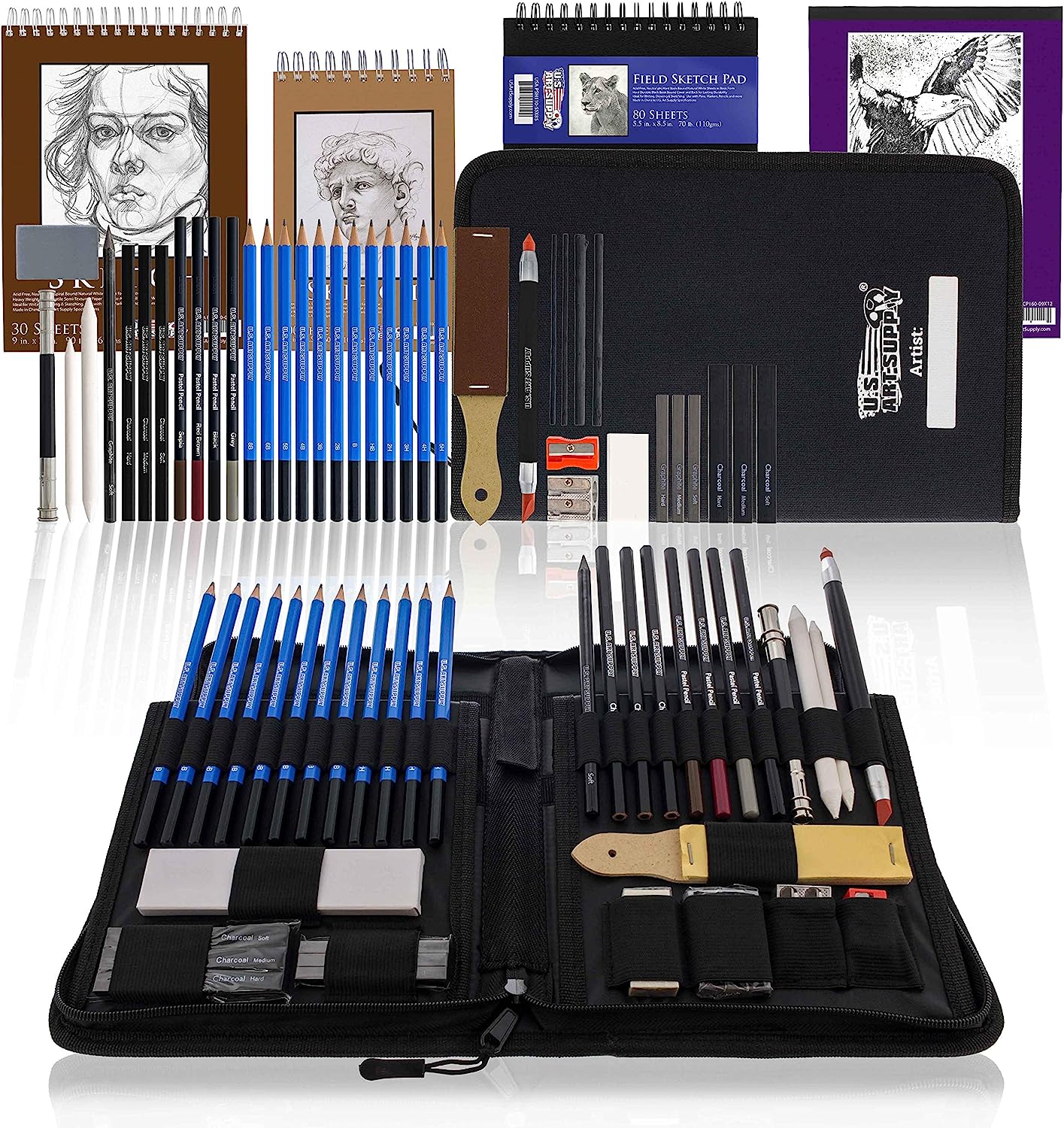 U.S. Art Supply 44-Piece Drawing & Sketching Art Set with 4 Sketch Pads (242 Paper Sheets) - Professional Artist Kit, Graphite, Charcoal, Pastel Pencils & Sticks, Erasers - Pop-Up Carry Case, Student
