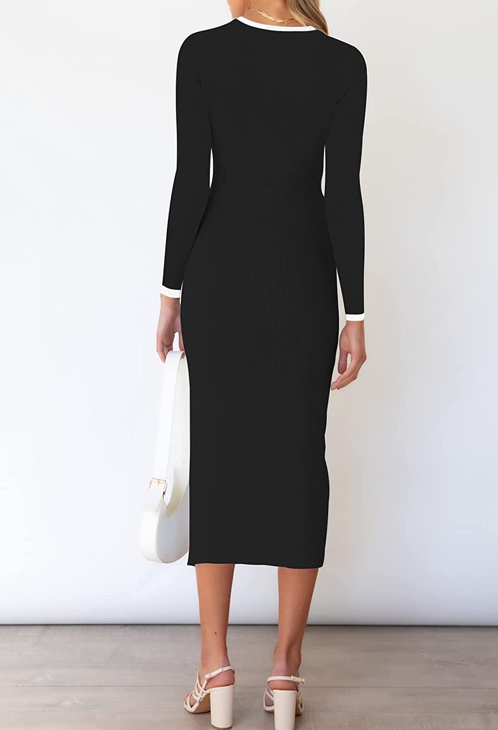 Cutiefox Women's Long Sleeve Cut Out Dress Side Slit Ribbed Knit Bodycon Midi Dresses