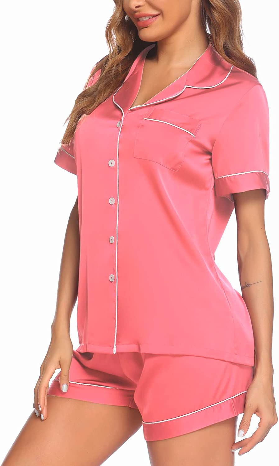 Ekouaer Satin Pajamas Women's Short Sleeve Sleepwear Soft Silk Button Down Loungewear Pjs Shorts Set S-XXL