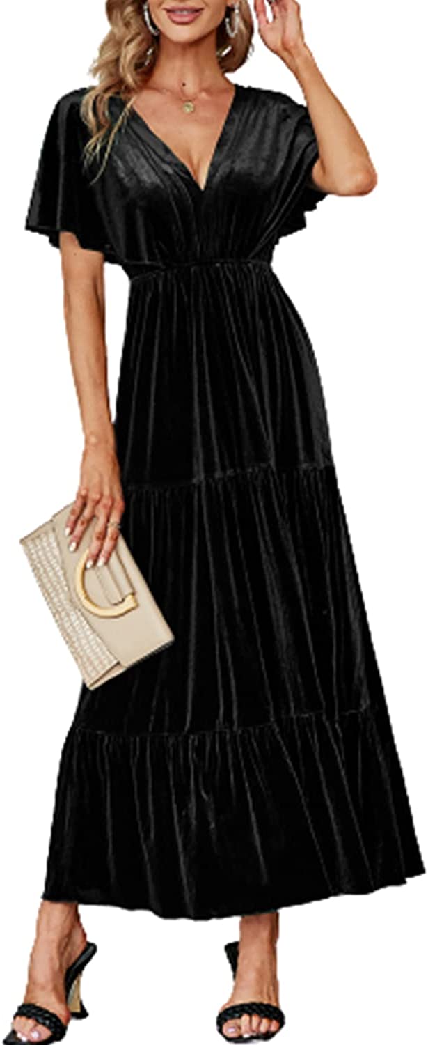 Amegoya Women's Casual Short Sleeve V Neck Floral Maxi Dresses Boho Beach Photoshoot Flowy Ruffle Long Dress