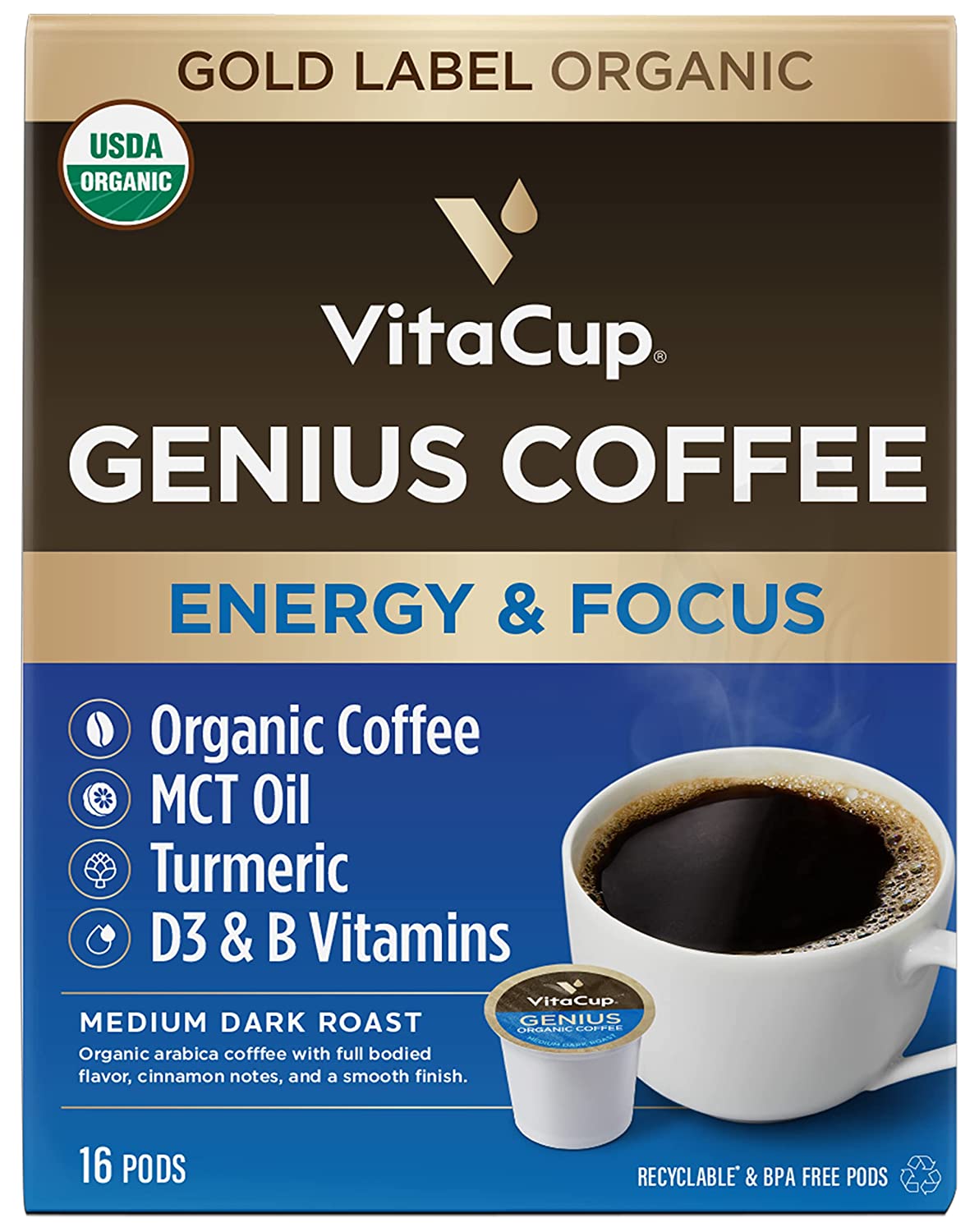 VitaCup Genius Keto Coffee Pods， Increase Energy &amp; Focus with MCT Oil， Turmeric， B Vitamins， D3， Medium Dark Roast， Bold， Smooth， Recyclable Single Serve Pod Compatible with Keurig K-Cup Brewers，1
