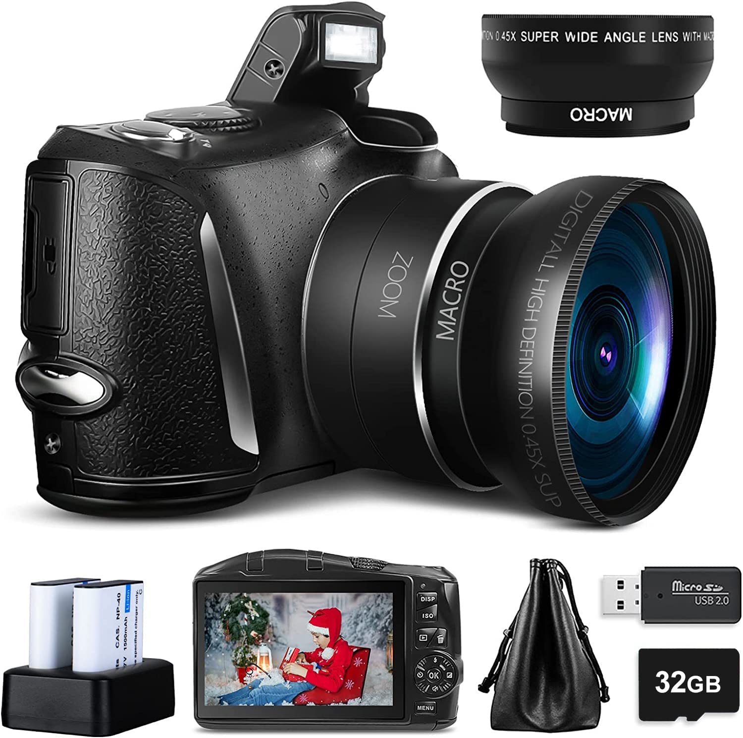 Monitech Digital Camera 4K 48MP Vlogging Camera, Camera for Photography with 2 Batteries,32GB SD Card, 16x Digital Zoom, 3.0 inch Screen,Compact Camera for Beginners