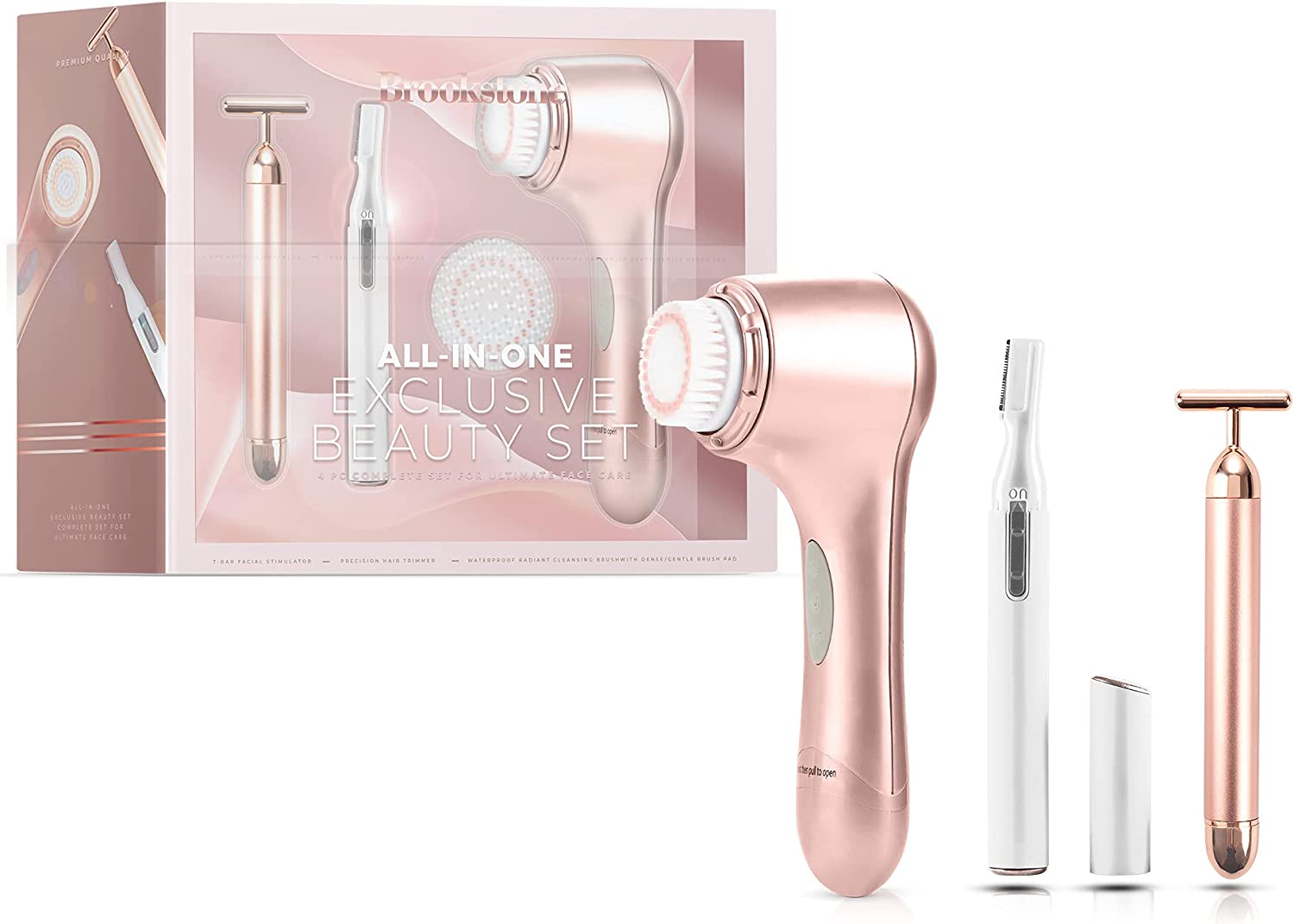 Brookstone 3-in-1 Rose Gold Facial Skin Care Set | Facial Skin Care Products Include Facial Cleansing Brush, T-Bar Face Massager and Facial Epilator | Perfect Gift