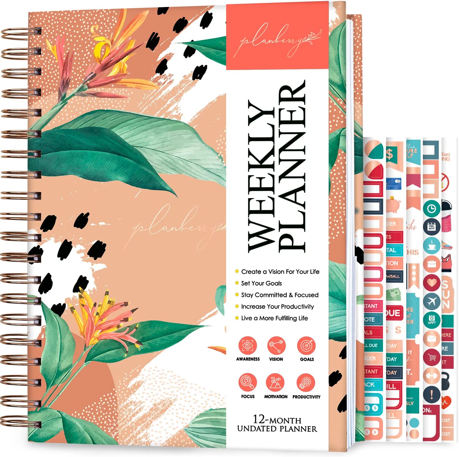 PLANBERRY Large Weekly Planner Premium – Undated Life & Budget Planner to Hit Your Goals & Live Happier – Organizer & Productivity Journal with Habit Tracker – 8x10.4″ Hardcover (African Terracotta)