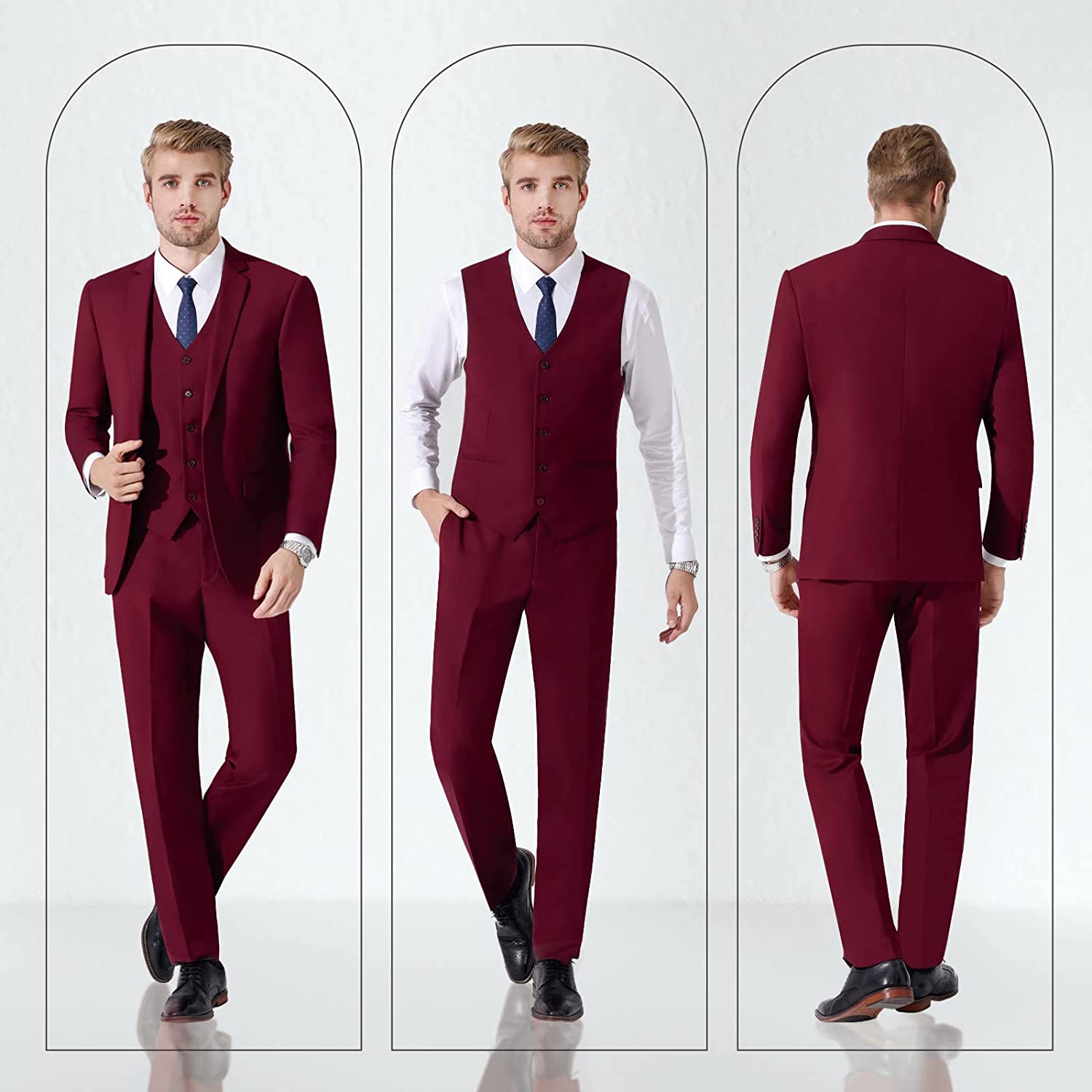 LUPURTY Suits for Men, 3 Piece Men's Suit Slim Fit, Solid Jacket Vest Pants with Tie, One Button Tuxedo Set