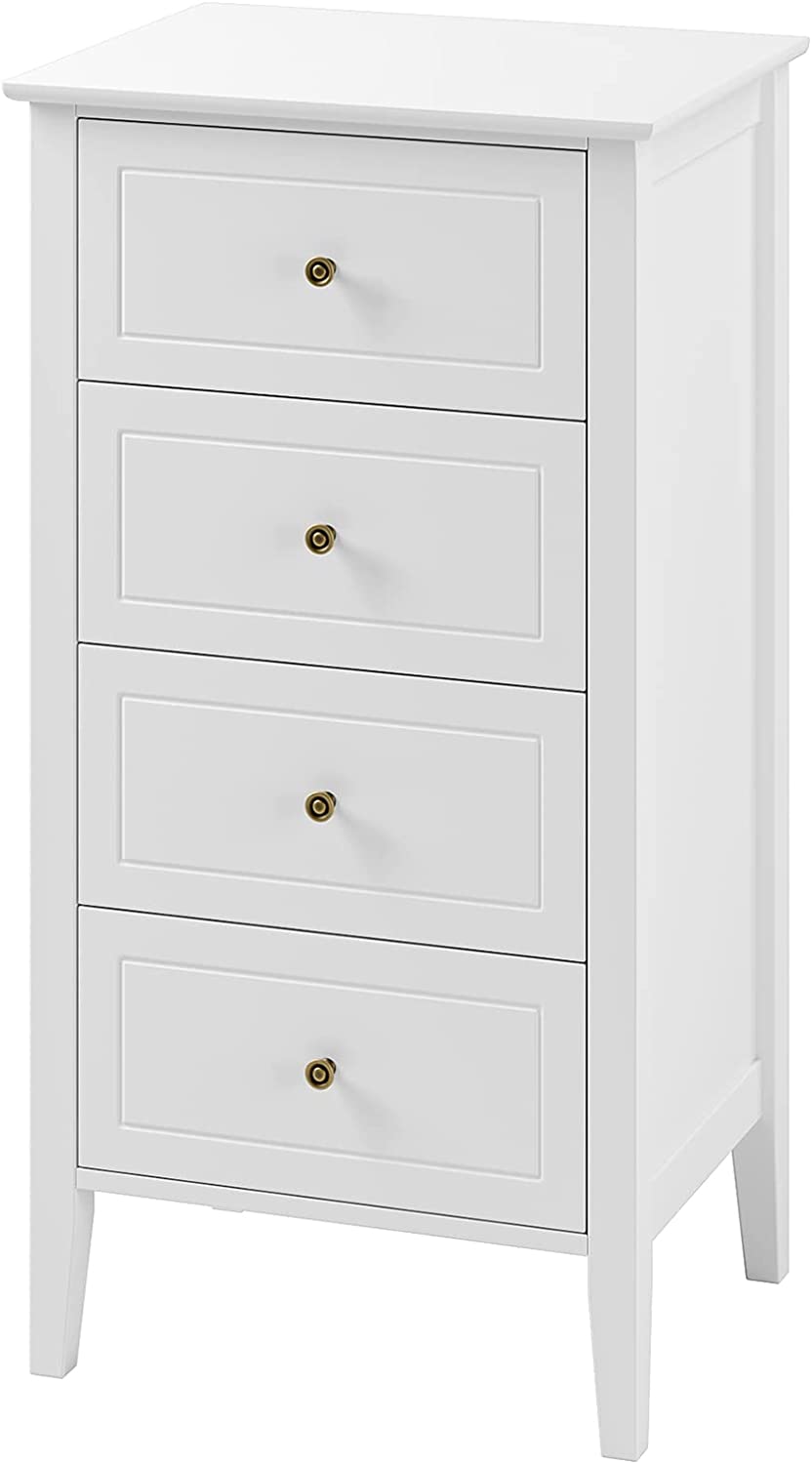 TTVIEW 4 Drawer Dresser, Antique Wide Chest of Drawers with Solid Frame, Closet Dresser Tall Storage Chest Cabinet Nightstand for Living Room, Bathroom, Entryway, White