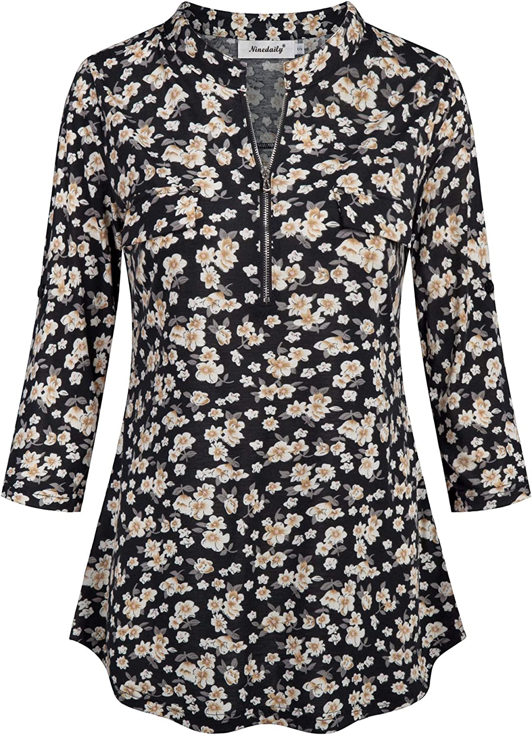 Ninedaily Women's 3/4 Sleeve Plaid Shirts Zip Floral Casual Tunic Blouse Tops