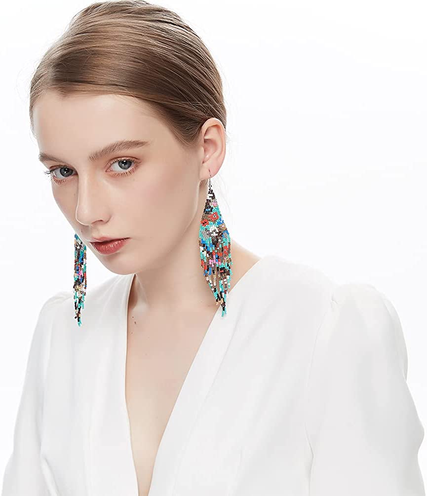 Long Beaded Tassel Earrings – Native Handmade Big Flower Bohemian Statement Chandelier Drop for Women Girls, Mexican Large Boho Seed Bead Fringe Dangle (Grey Flower), 5.7 Inch