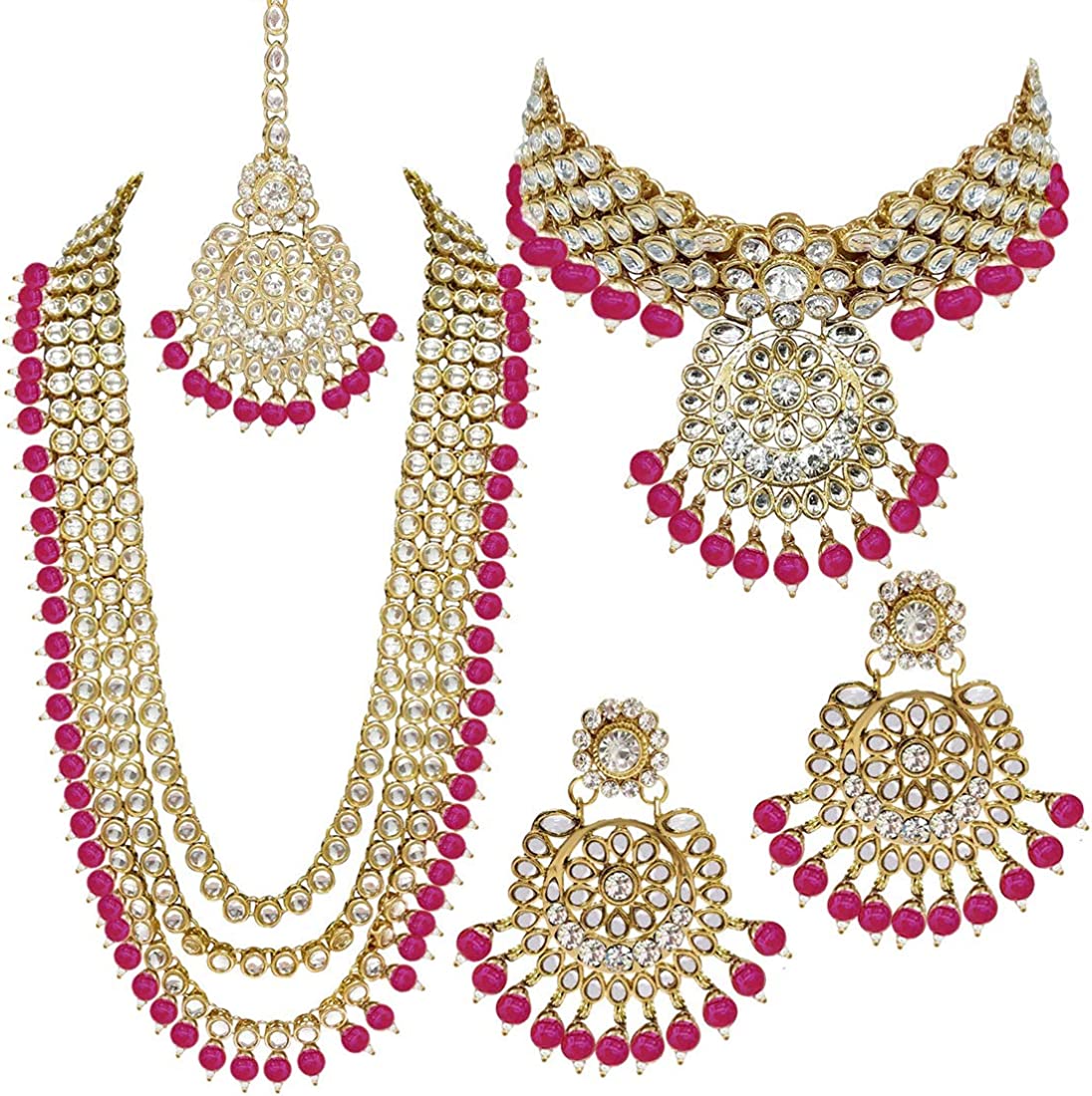 Aheli Indian Wedding Kundan Beaded Bridal Long Choker Necklace Earrings with Maang Tikka Traditional Jewellery Set for Women