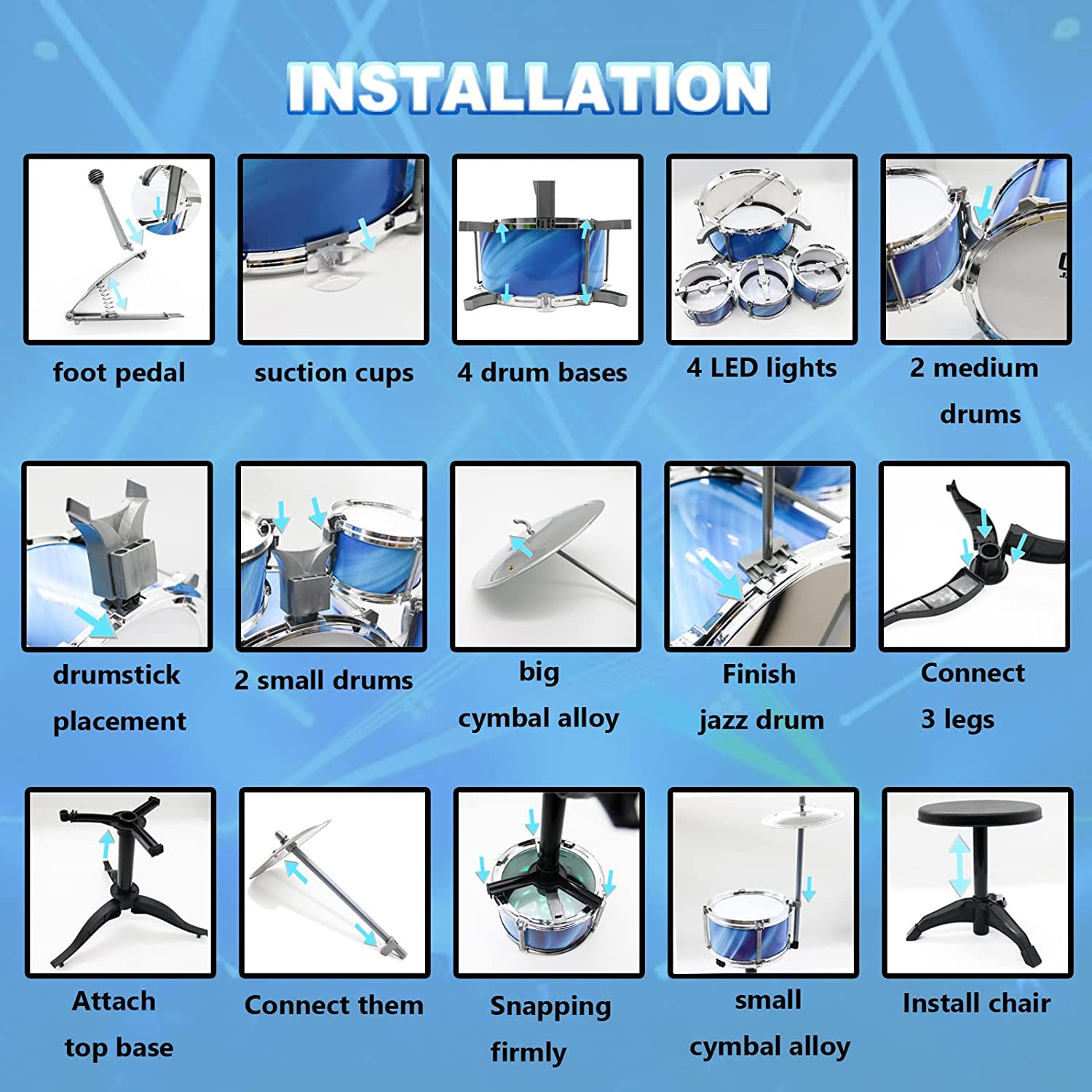 Kids Jazz Drum Set for Toddlers 1-3 (15-Piece), Drum Kit Musical Instrument for Beginner Music Practice w/ 4 Lights, 6 Drums, 2 Cymbals, 2 Drumsticks, Stool (Blue)