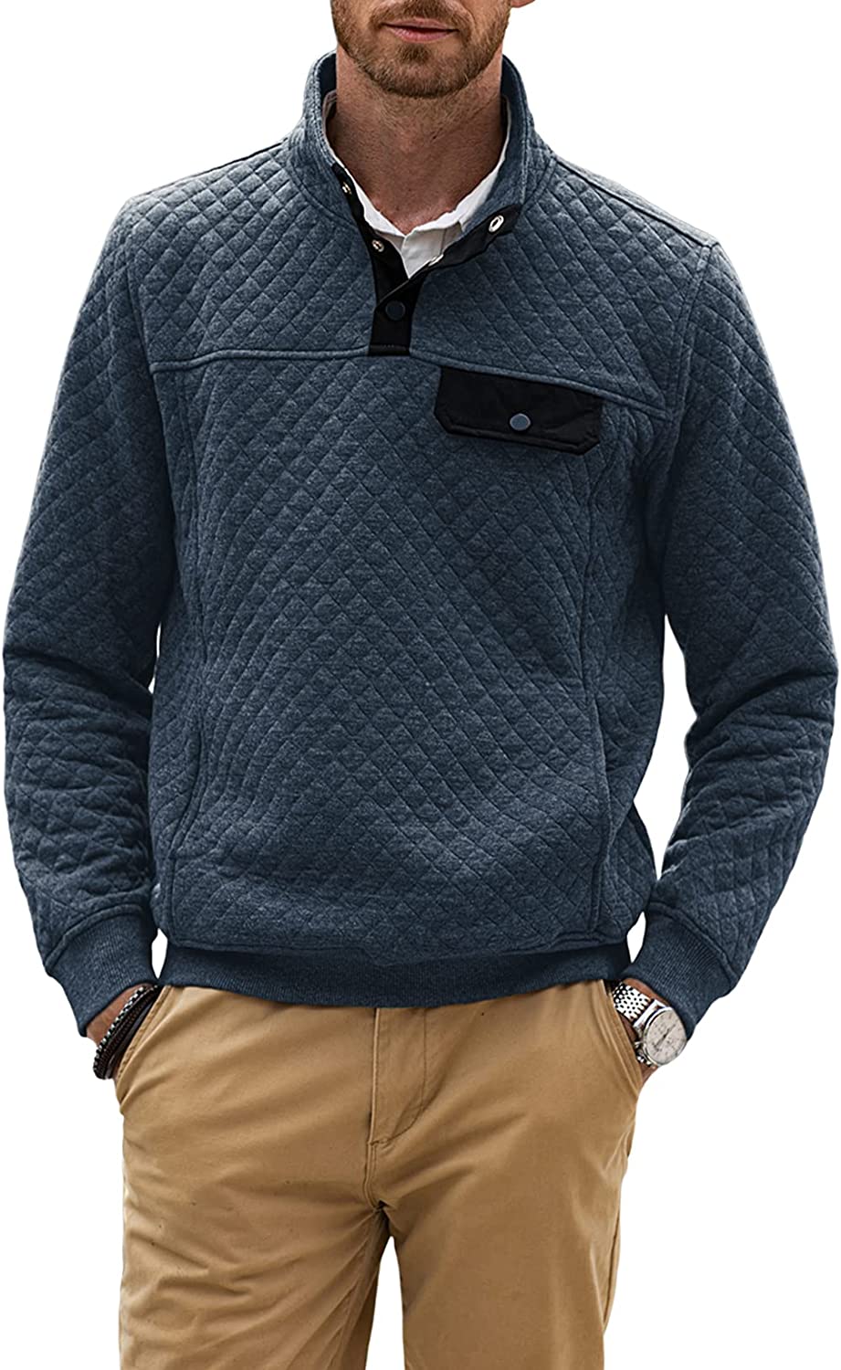 JMIERR Mens Quilted Sweatshirt Casual Long Sleeve Outdoor Stand Collar Button Pullover Sweatshirts