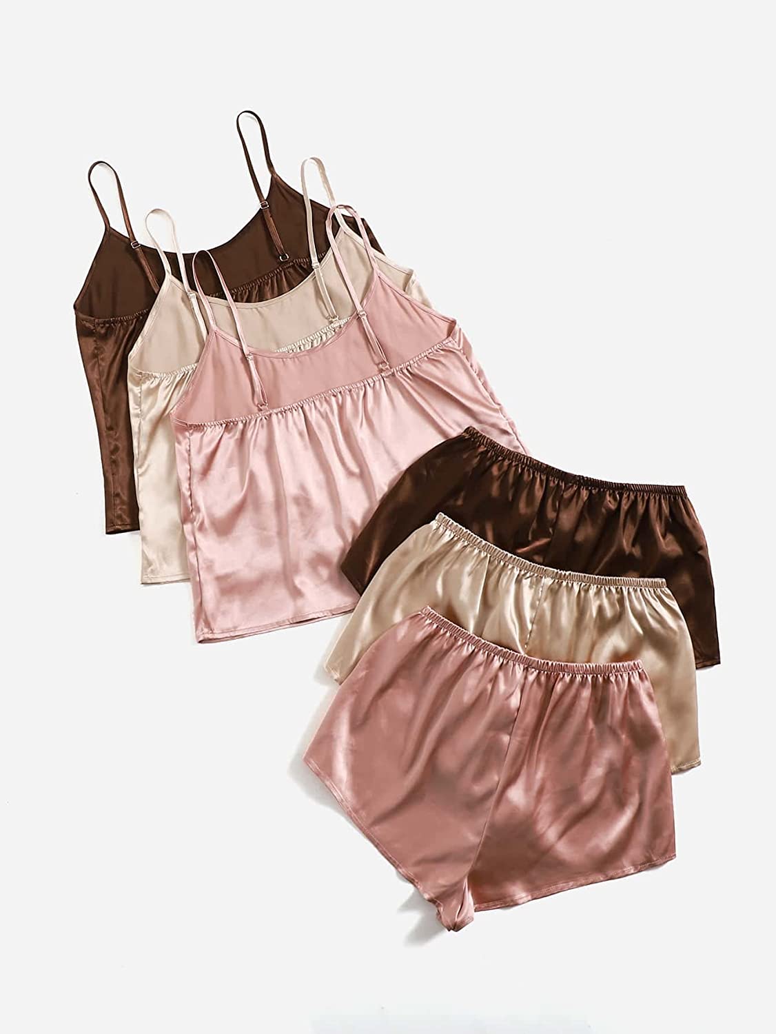 SheIn Women's 3 Sets Satin Pajama Set Sleeveless Crop Cami and Elastic Waist Shorts Sleepwear Lounge Set