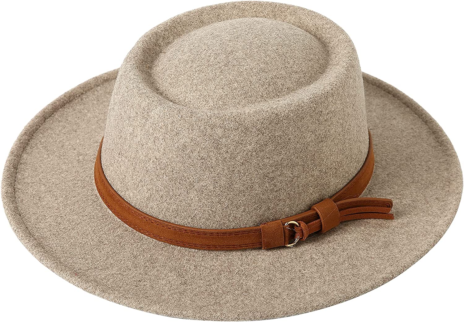 Lanzom Women Retro Felt Panama Hat with Belt Buckle Wool Wide Brim Fedora Hat