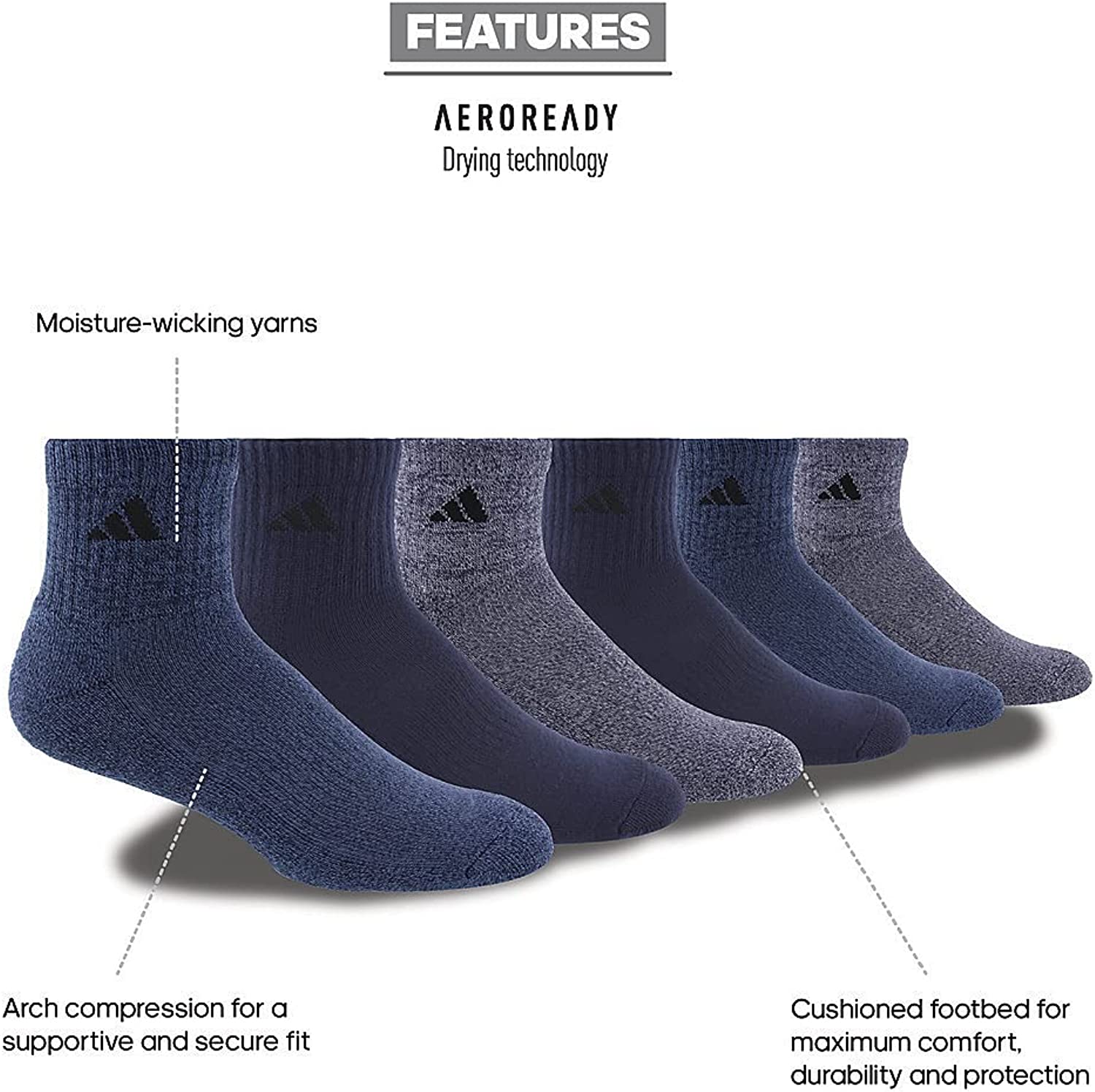 adidas Mens Athletic Cushioned Quarter Socks (6-pair)