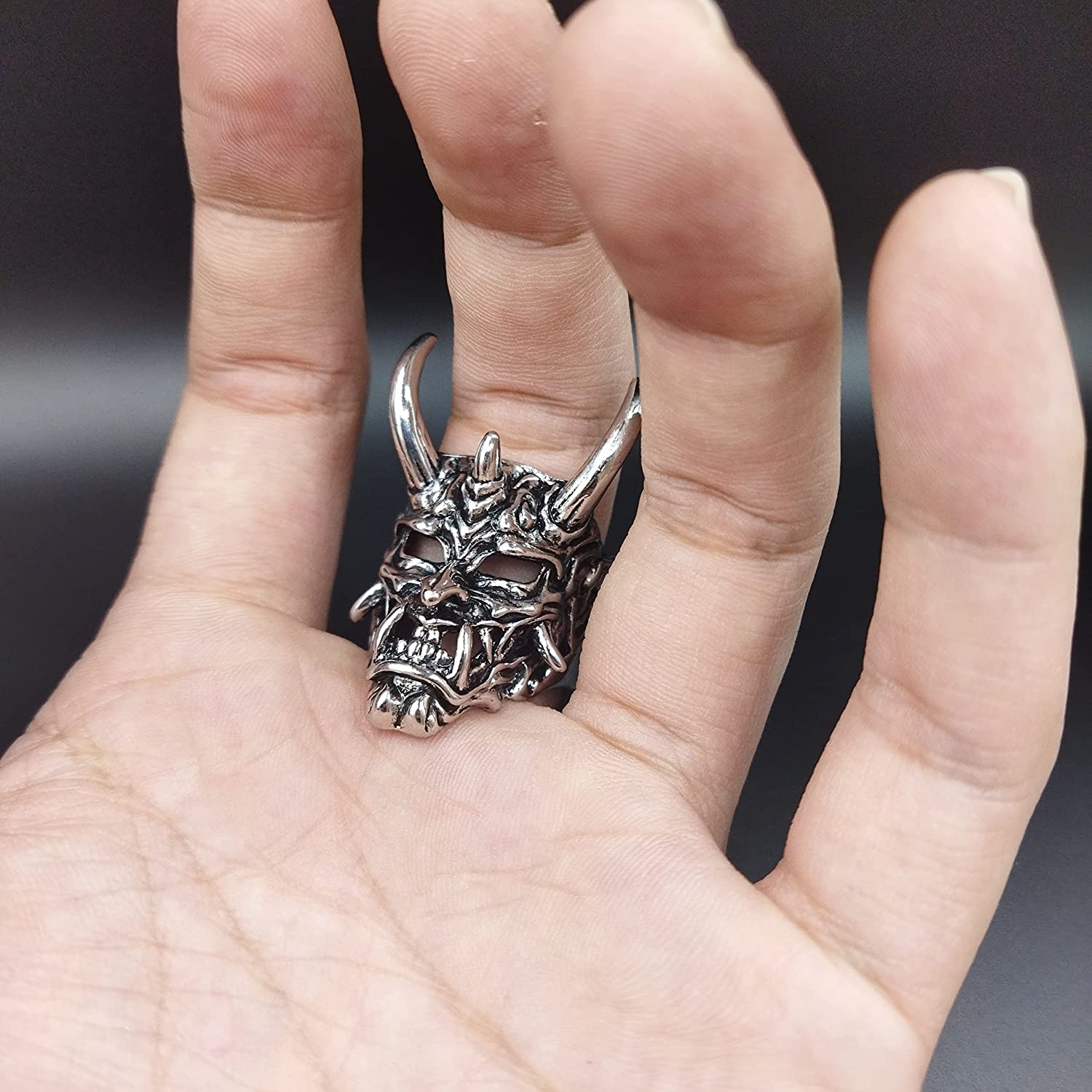 Adjustable Opening Oni Samurai Rakshasa Mask Prajna Ring Men&#39;s Jewelry Skull Devil Satan Dark Gothic Style