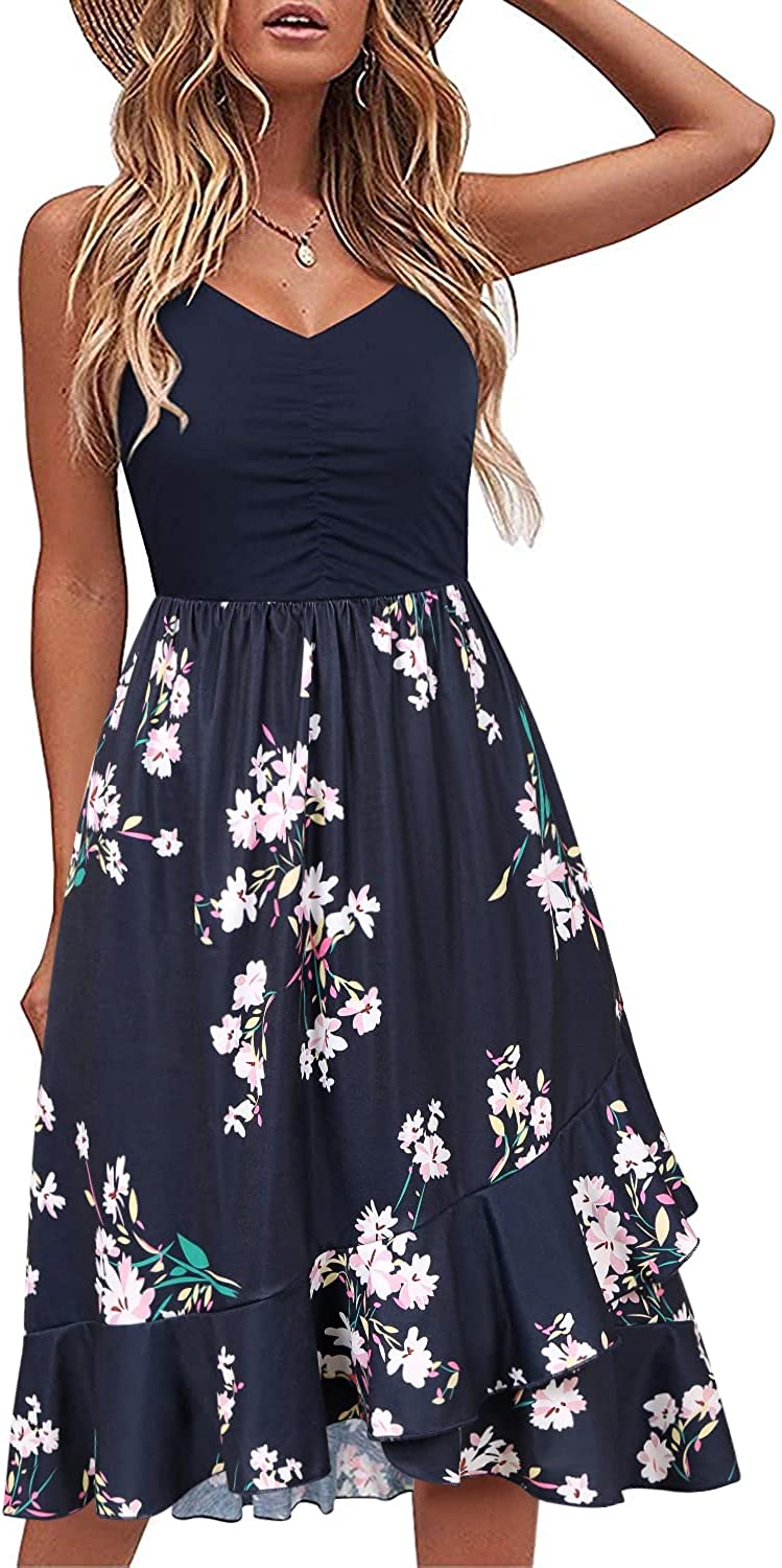 IHOT Casual Dresses for Women Sleeveless V Neck Floral Summer Beach Dress A Line Spaghetti Strap Sundresses with Pockets