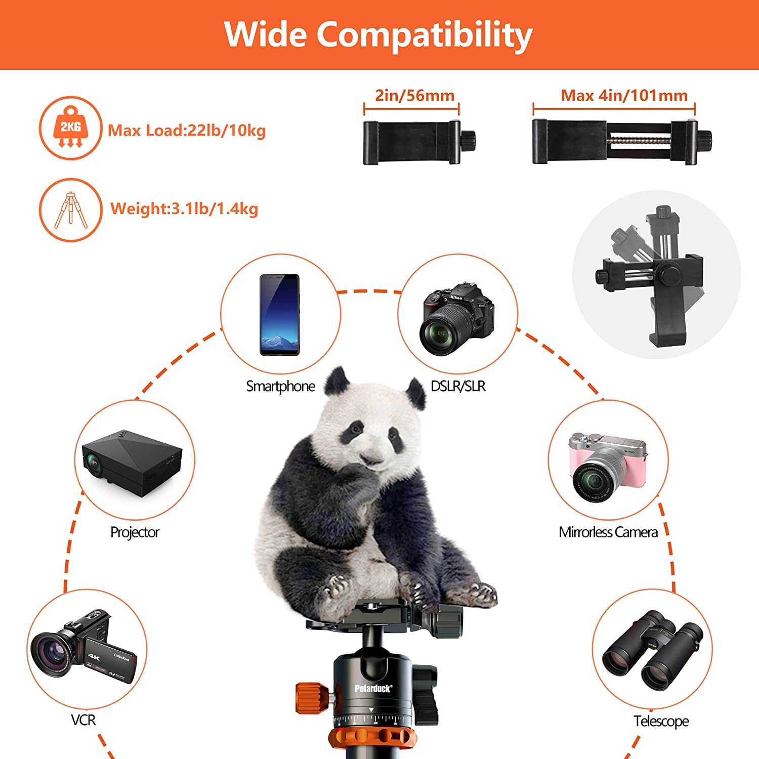 Polarduck Camera Tripod Monopod Phone Stand: 65" Professional DSLR Tripod for iPhone with Phone Mount & Travel Bag Compatible with Canon Nikon Sony Cameras Cell Phone Projector Webcam | 22lbs Load