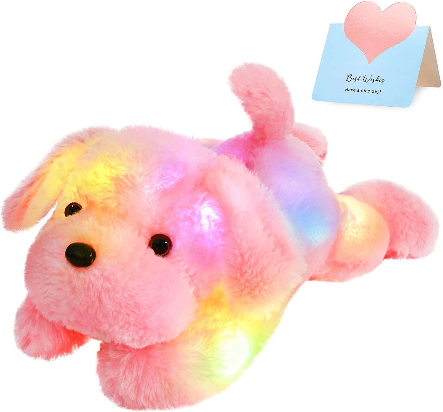 WEWILL 18'' Light up Pink Puppy Dog LED Stuffed Animal with Colorful Night Light Glow Soft Plush Toy Gifts for Kids on Christmas Birthday