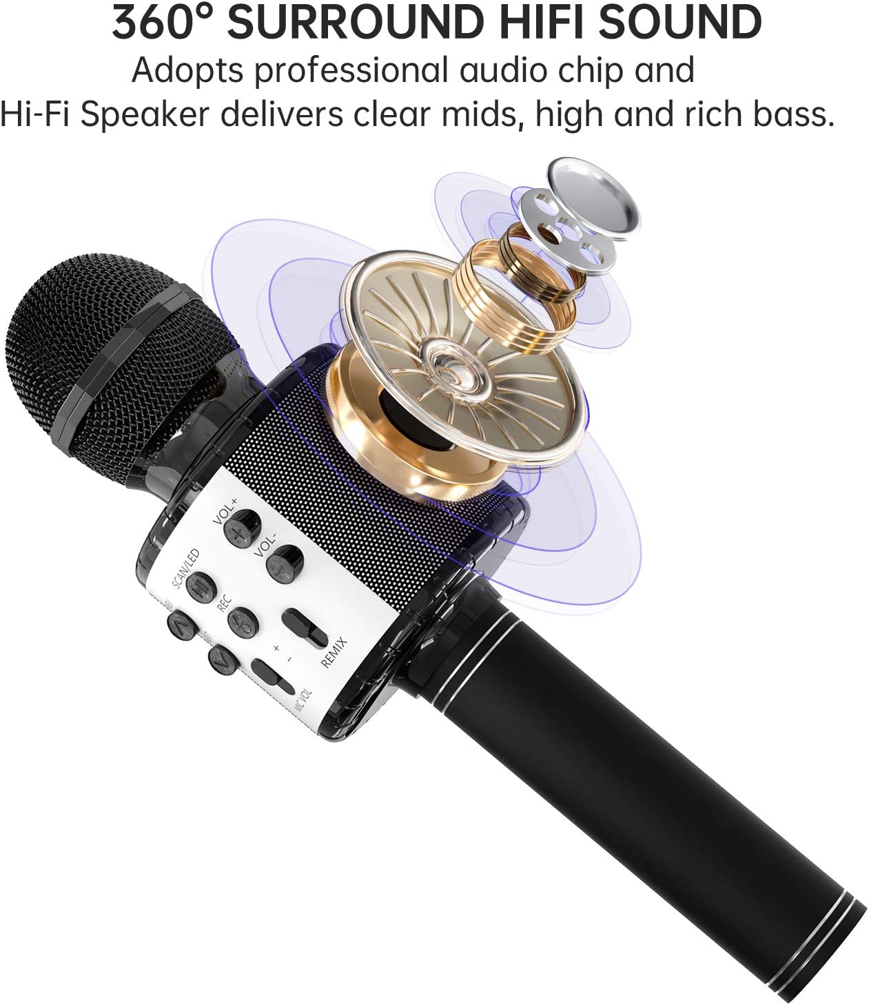 OVELLIC Karaoke Microphone for Kids, Wireless Bluetooth Karaoke Microphone with LED Lights, Portable Handheld Mic Speaker Machine, Great Gifts Toys for Girls Boys Adults All Age (Rose Gold)