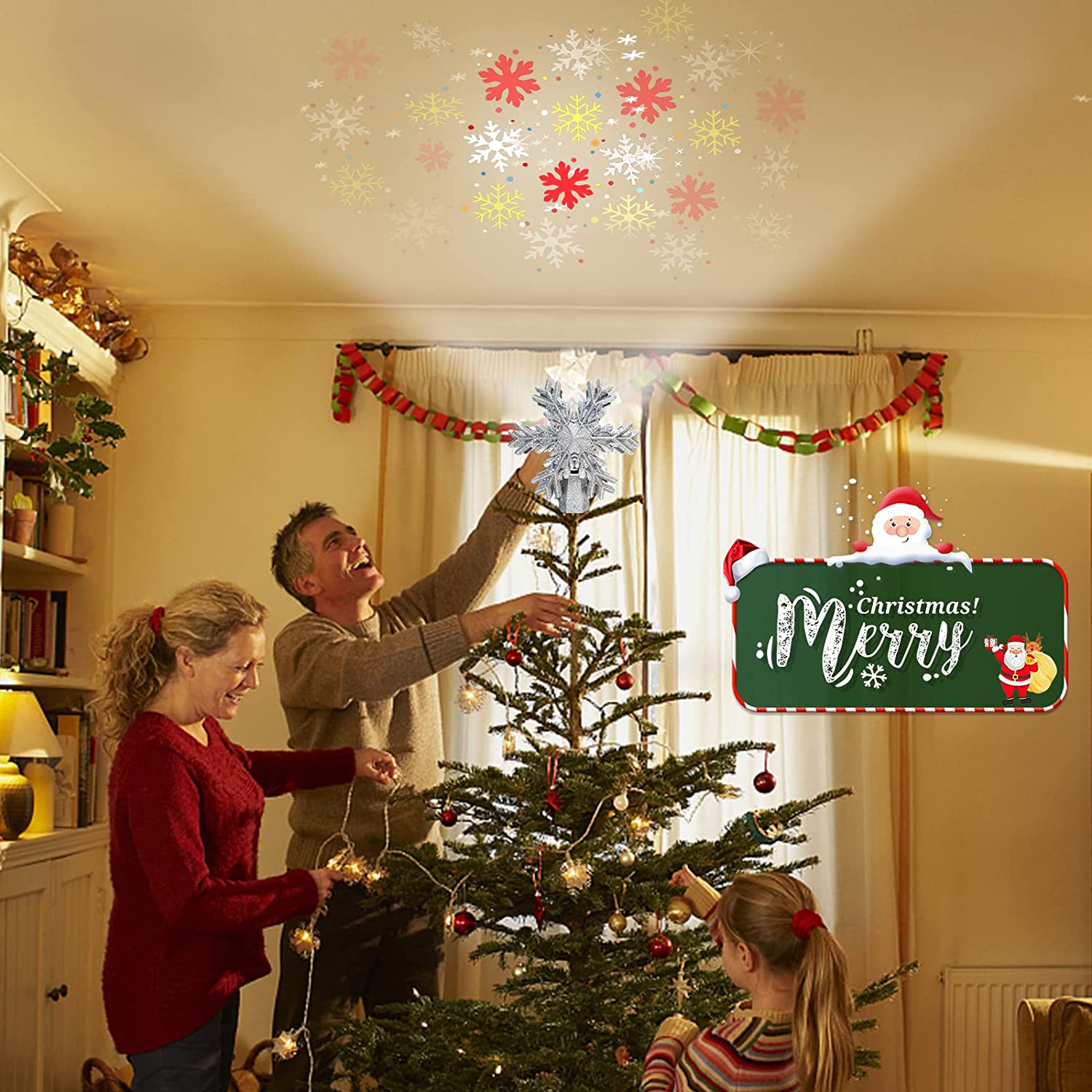 Christmas Tree Topper Projector with Rotating Colorful Snowflake, 3D Hollow Sparkling Xmas Tree Topper for Christmas décor, Plug in Snowflake Topper for Home Holiday Christmas New Year Tree Decorative