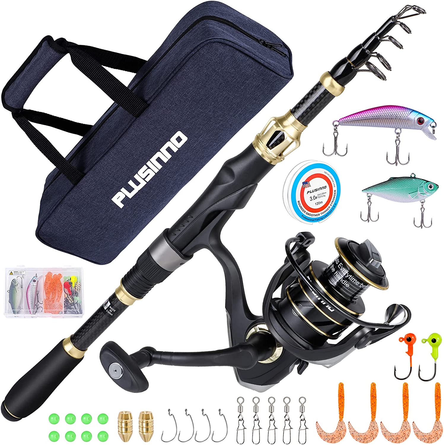 PLUSINNO Fishing Rod and Reel Combos Carbon Fiber Telescopic Fishing Rod with Reel Combo Sea Saltwater Freshwater Kit