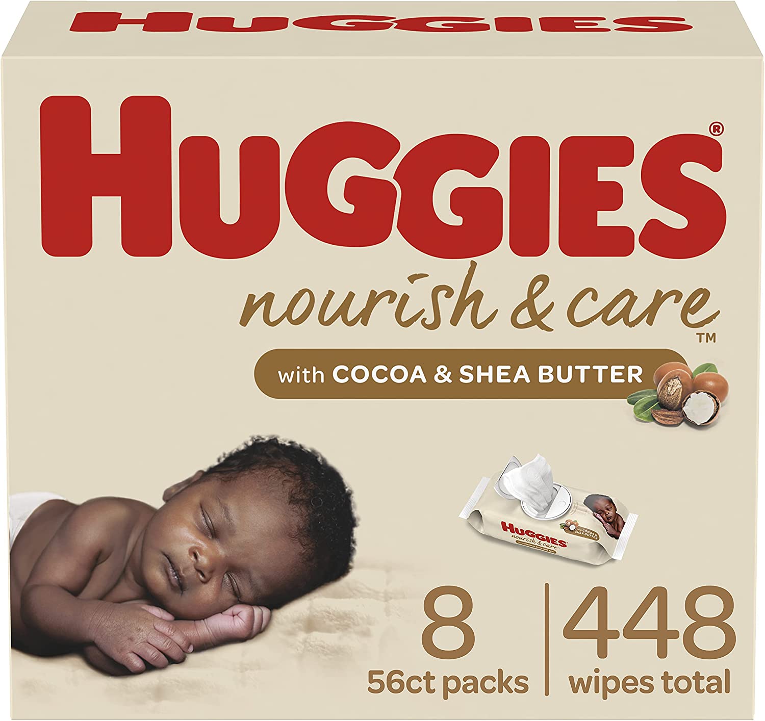 Baby Wipes, Scented, Huggies Nourish & Care Baby Diaper Wipes, 8 Push Button Packs (448 Wipes Total)