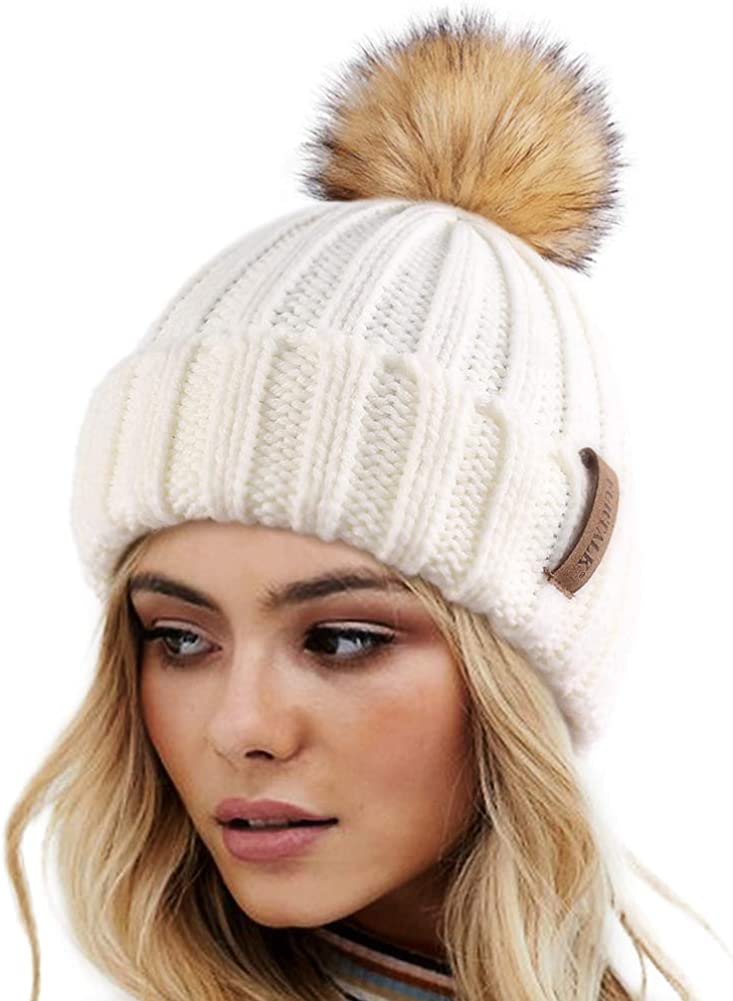 FURTALK Womens Winter Knitted Beanie Hat with Faux Fur Pom Warm Knit Skull Cap Beanie for Women…
