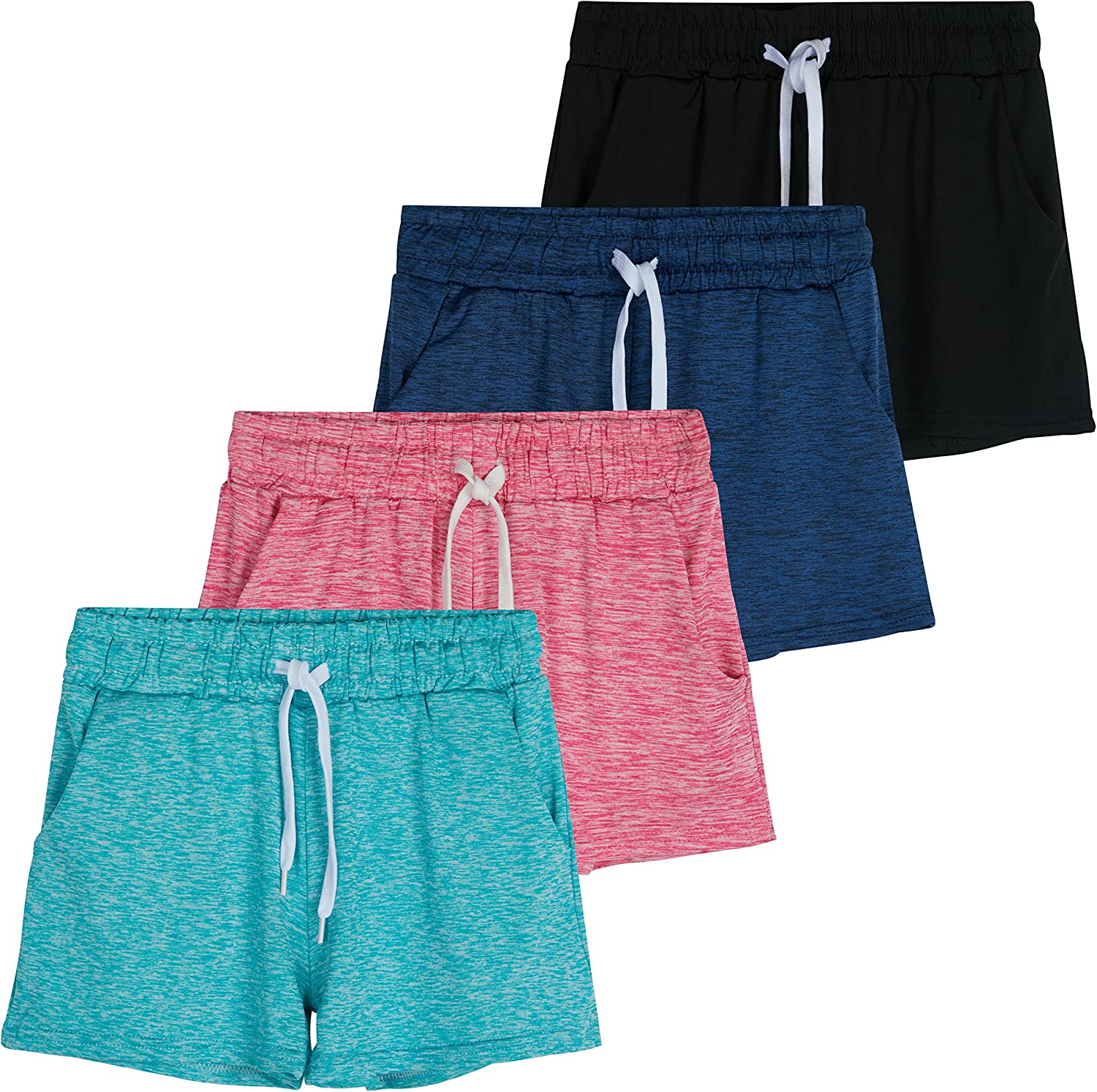 4 Pack: Girls Athletic Performance Dry-Fit Running Shorts with Drawstring & Pockets