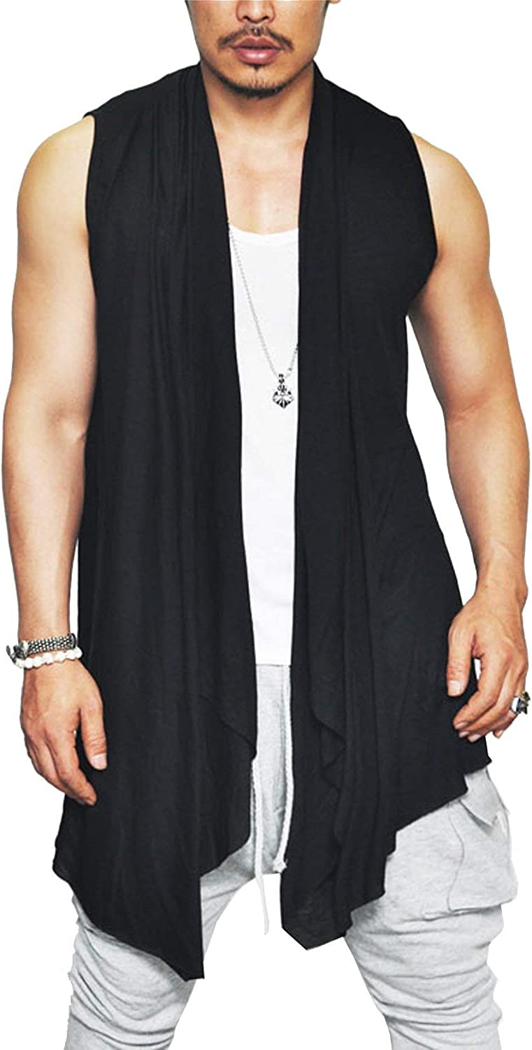 COOFANDY Men's Ruffle Shawl Collar Cardigan Sleeveless Open Front Vest Lightweight Long Length Drape Cape