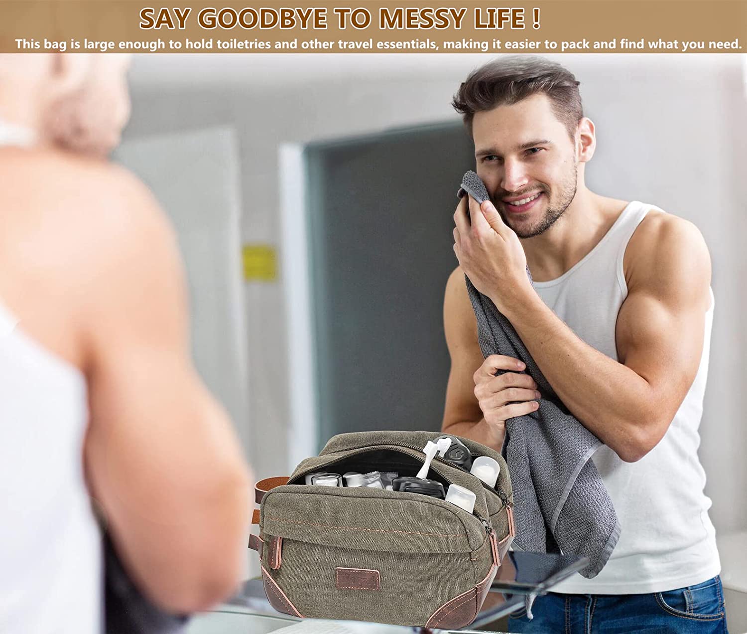 Wogarl Toiletry Bag for Men， Leather and Canvas Travel Toiletry Bag Dopp Kit Shaving Bag for Travel Accessories (Army Green)