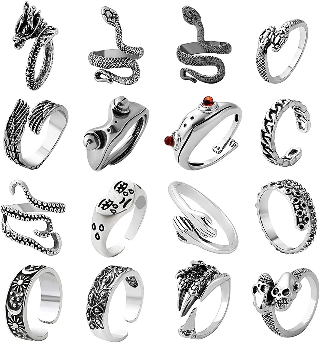 AIDSOTOU Mens Vintage Open Rings Set Frog Snake Skull Cool Punk Goth Ring for Men Women Girls Adjustable