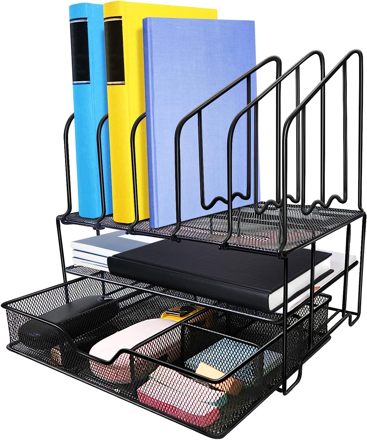 Desk File Organizer with Drawer Anyyuk Office Supplies Organizer with Double Tray and 5 Upright File Folder Holders Sections Desktop Organizer for Workspace Home Office School, Black