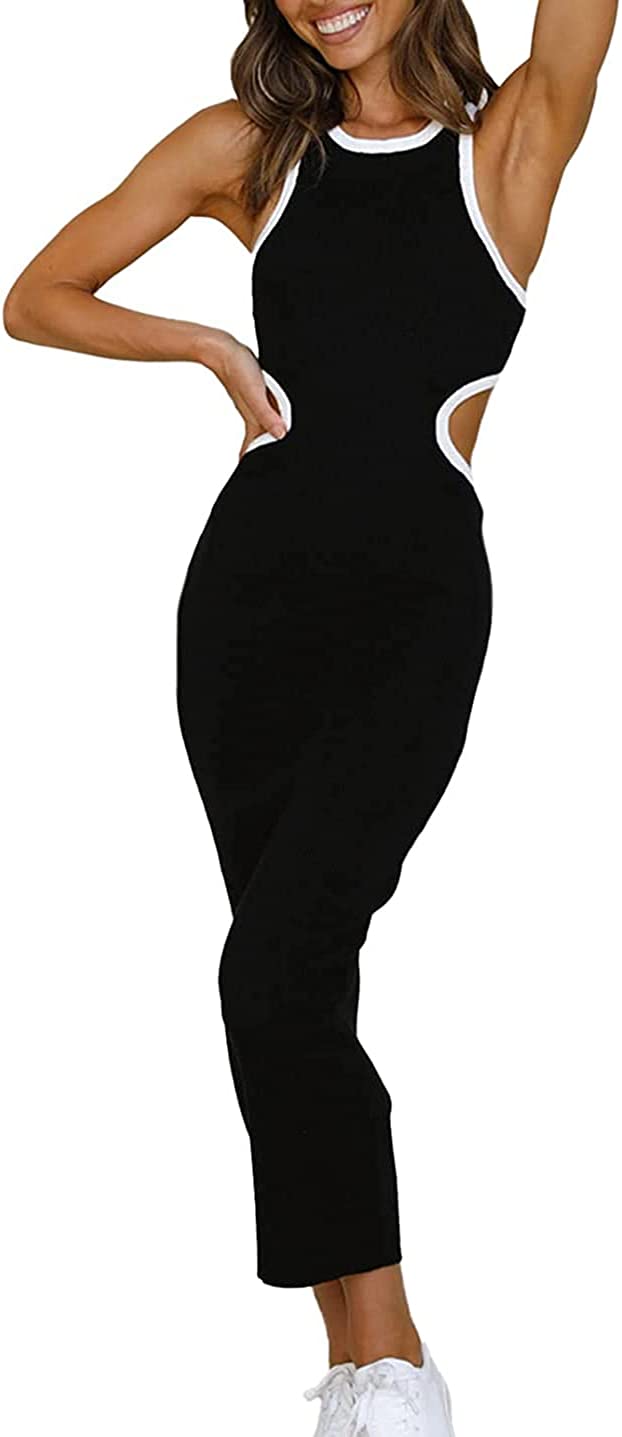 NauLon Womens Sexy Cut Out Waist Open Back Bodycon Dress Ankle Length Ribbed Party Club Midi Dresses