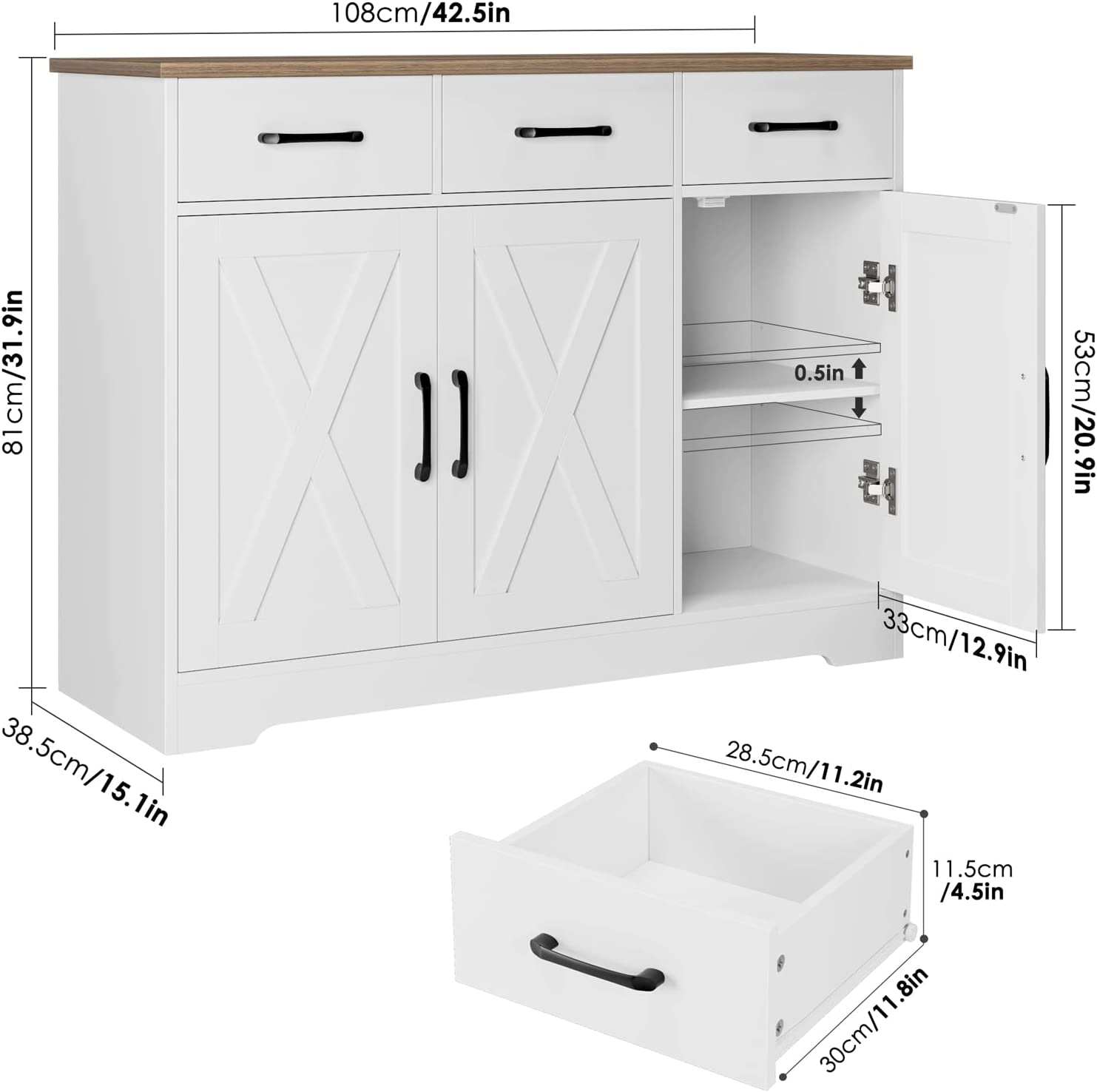 HOSTACK Modern Farmhouse Sideboard Buffet Cabinet, Barn Doors Buffet Storage Cabinet with Drawers and Shelves, Wood Coffee Bar Cabinet with Storage for Kitchen, Dining Room, Living Room, White