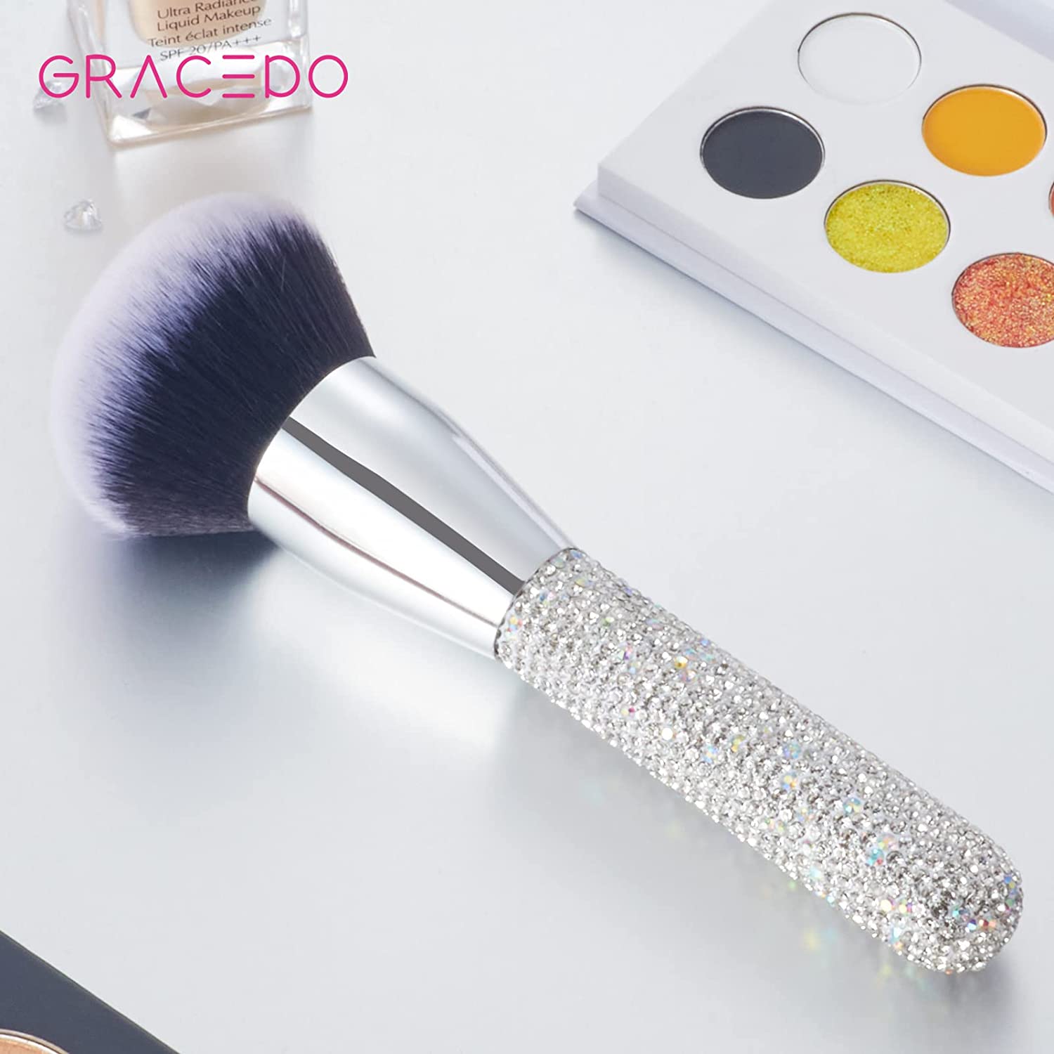 Bling Powder Makeup Brush with Diamond Rhinestones Handle, Large Finishing Mineral Powder Brush for Full Face, Vegan Face Foundation Brush for Bronzer Contouring, Loose, Mineral, Compact, Translucent 