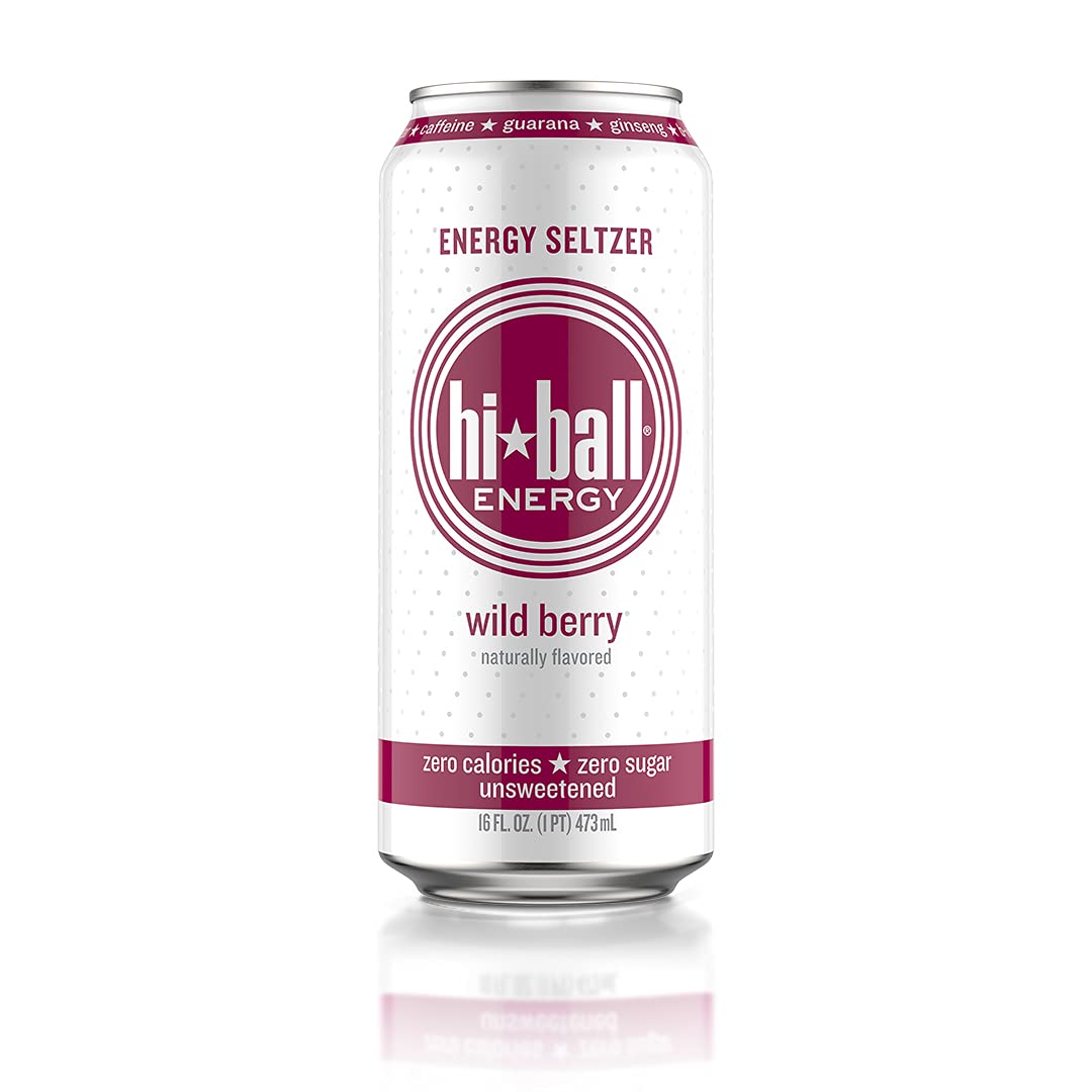 Hiball Energy Seltzer Water， Caffeinated Sparkling Water Made with Vitamin B12 and Vitamin B6， Sugar Free (8 pack of 16 Fl Oz)， Wild Berry