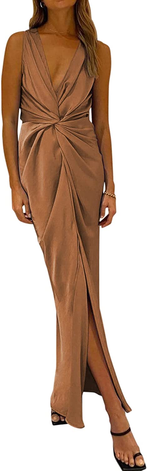 PRETTYGARDEN Women's Satin Ruched Bodycon Dress Summer 2023 Twist Front V Neck Sleeveless Split Maxi Dresses
