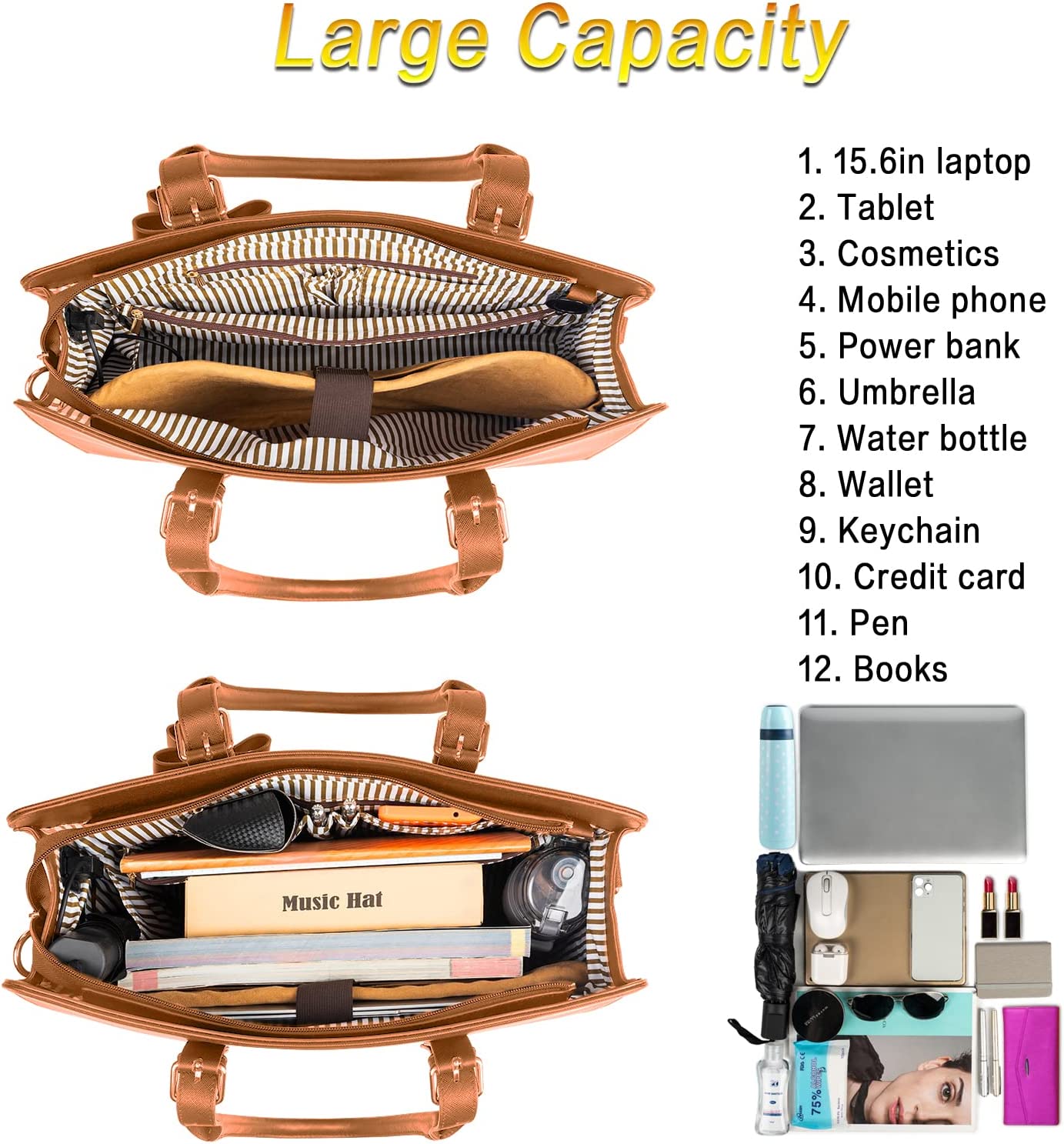 Laptop Tote Bag for Women, Large Waterproof PU Leather Work Briefcase with USB Charging Port Casual Computer Shoulder Bag Messenger fits 15.6 Inch, Business Handbag Satchel Purse 2pcs Set, Black