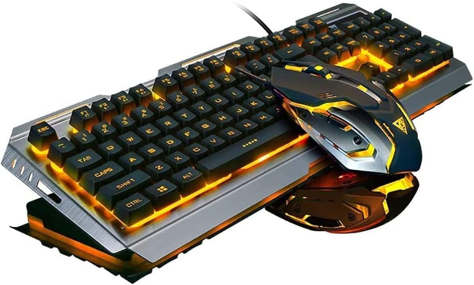 Orange Yellow Gaming Keyboard and Mouse Combo Wired,USB Keyboad Waterproof Dust Proof Silver Metal Raised Key LED Light Backlit Color Change Mouse 3200 DPI for Xbox One Office Computer PC Prime Games