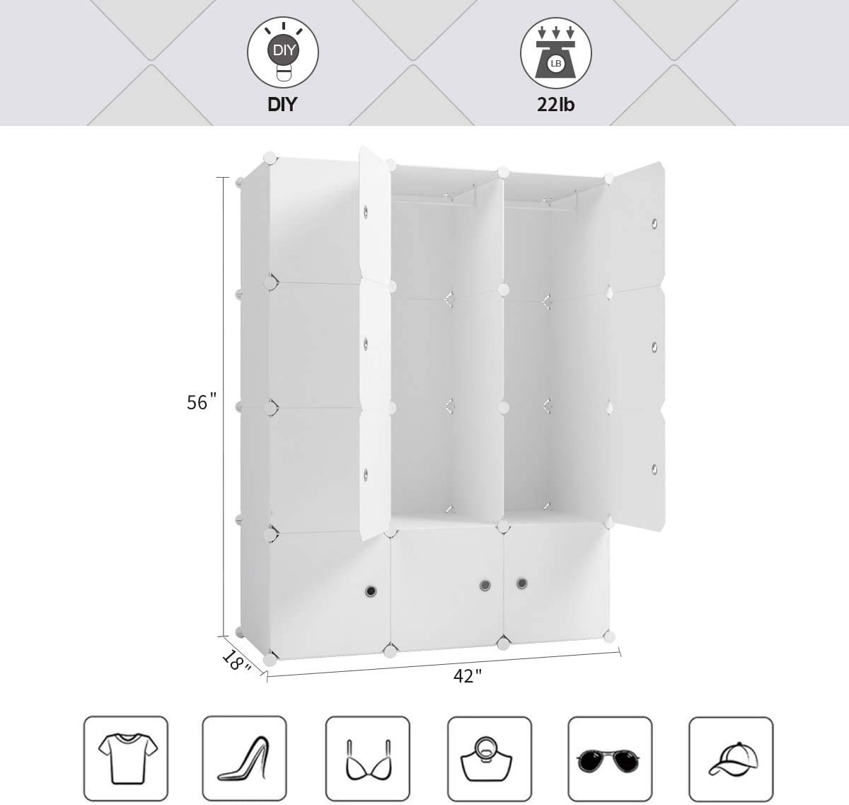 Aeitc Portable Wardrobe Closets 14&#34;x18&#34; Depth Cube Storage， Bedroom Armoire， Storage Organizer with Doors， 12 Cubes， White