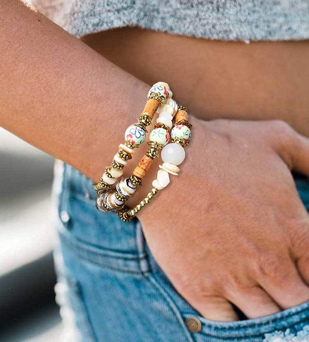 FIBO STEEL 6 Sets Bohemian Stackable Bead Bracelets for Women Stretch Multilayered Bracelet Set Multicolor Jewelry