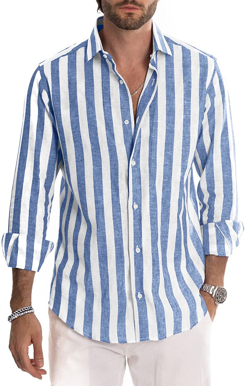 JMIERR Men's Casual Stylish Long Sleeve Button-Down Shirts Striped Dress Shirts Cotton Shirt