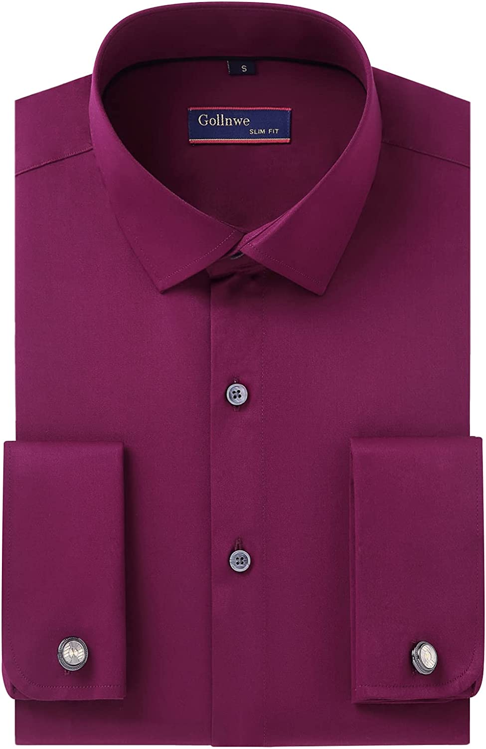 Gollnwe Men's Slim Fit French Cuff Stretch Bamboo Solid Dress Shirt