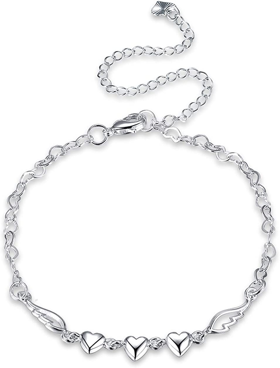 Cutesmile Fashion Jewelry 925 Sterling Silver Love Heart Angel Wings Chain Anklet