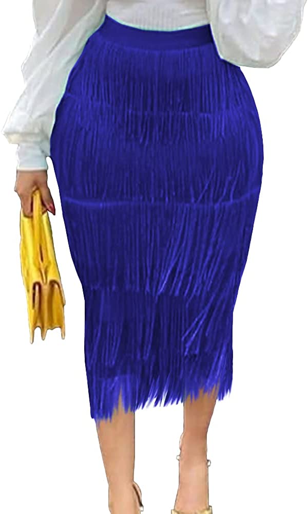 AOMEI Women's High Waist Fringe Tiered Bodycon Pencil Midi Skirt
