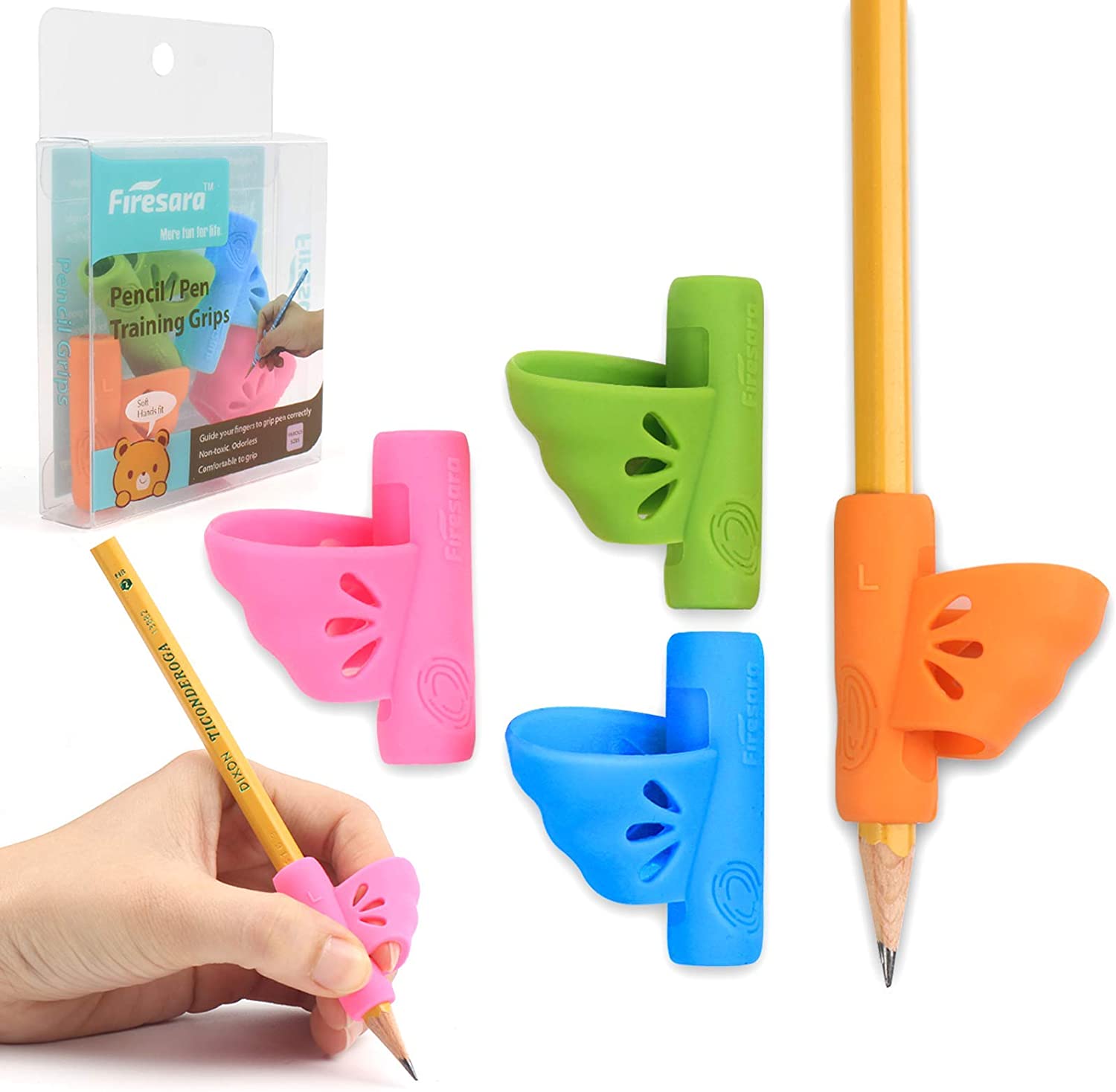 Firesara Left-Handed Pencil Grips, Original Butterfly Pencil Holder Correction Writing Aid Grip for Kids Handwriting Special Needs Preschoolers Children Adult Lefties Assorted Colors (4PCS)
